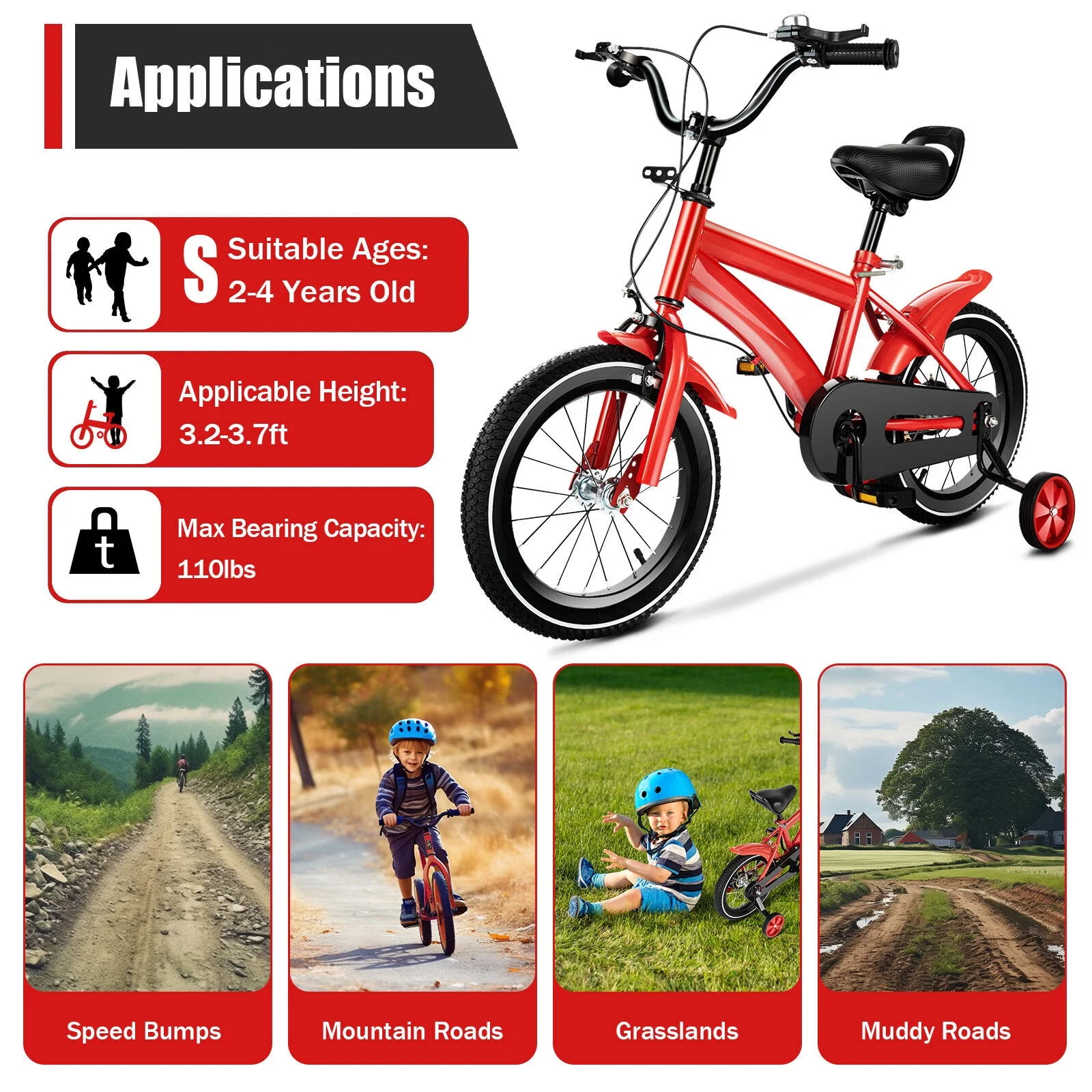 YIYIBYUS 14 Inch Kids Bike Boy Girl Safe Bicycle with Training Wheels and Adjustable Seat, Red