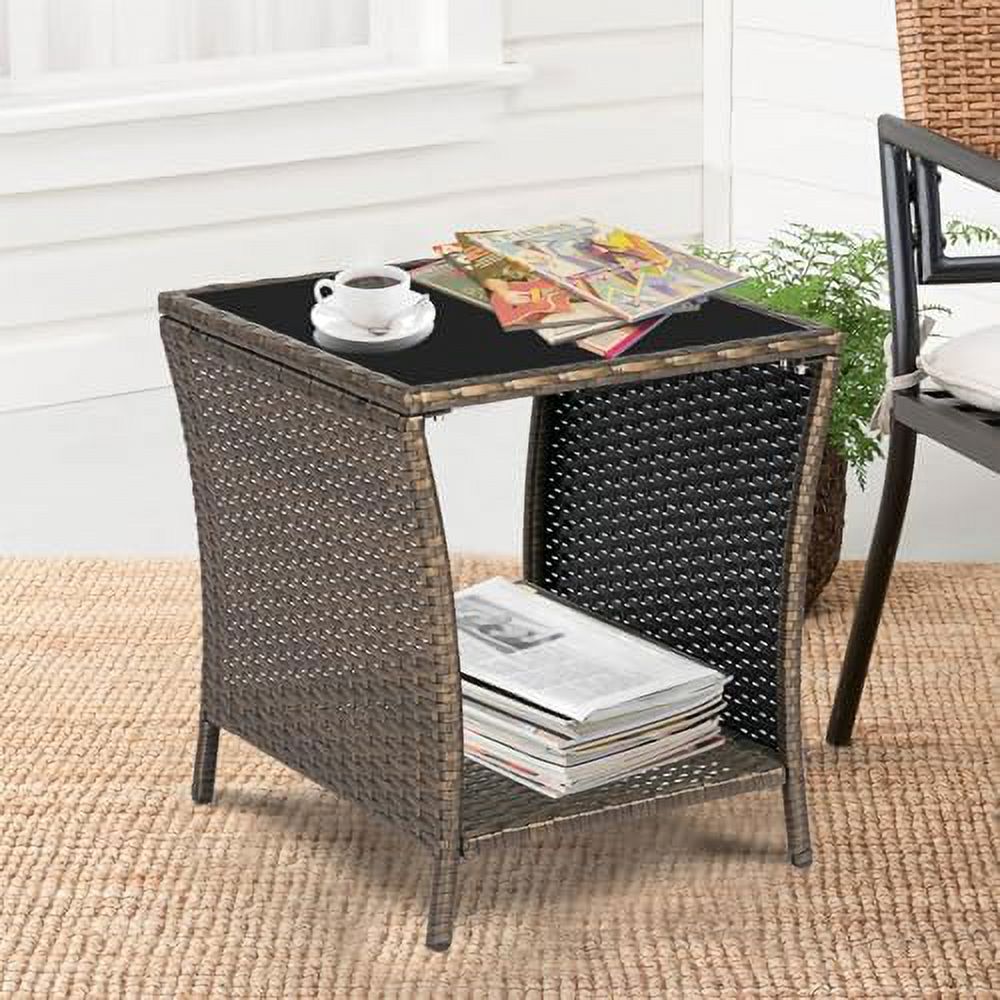 RSJIWOGZ Patio Wicker Bistro  Rattan Square Outdoor  Woven Desk Side with Black Glass Top  Dark Blonde