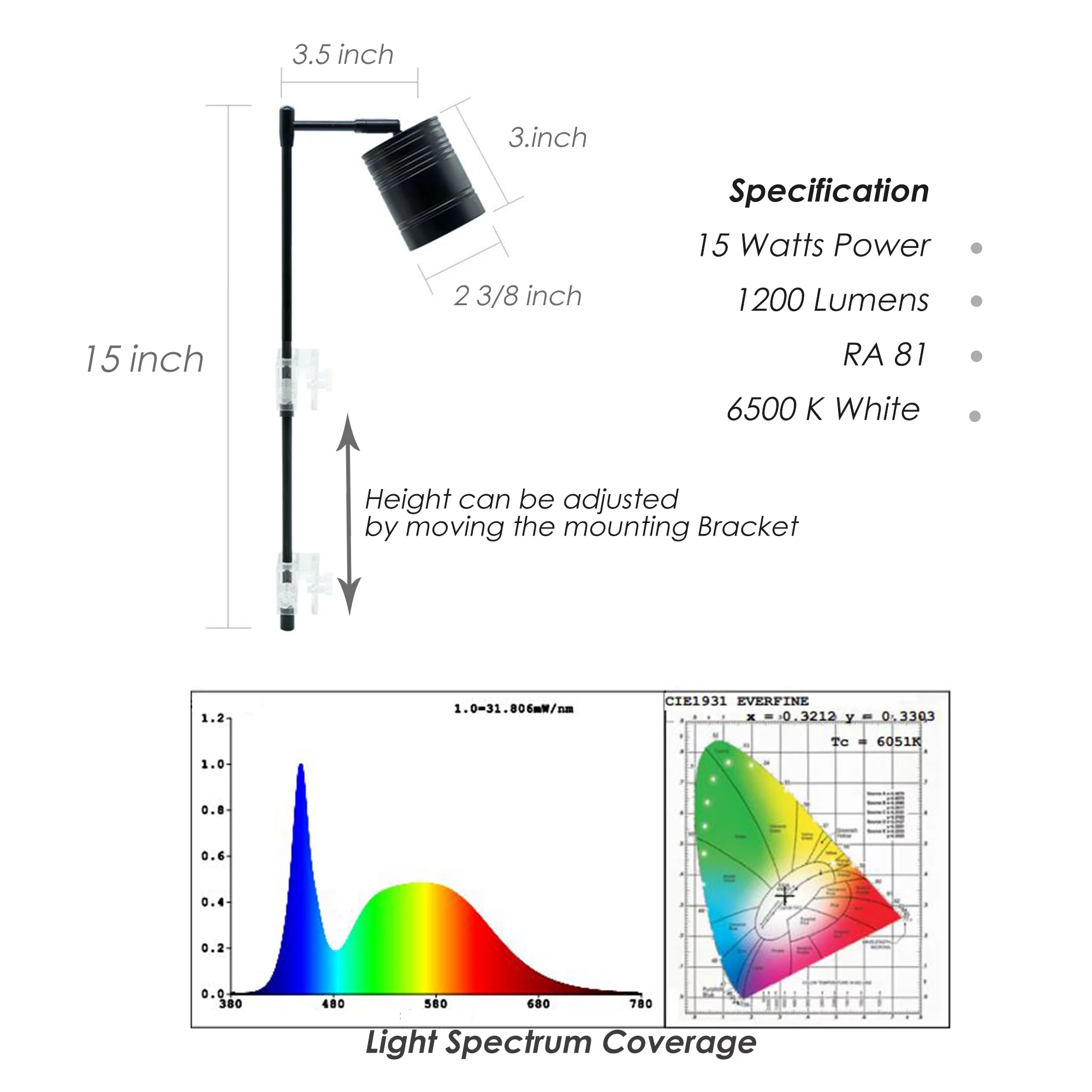 HIRO Aquatics Full Spectrum 15W COB LED Aquarium Spotlight, for Nano Tank/Wabikusa/Terrarium/Paludariums