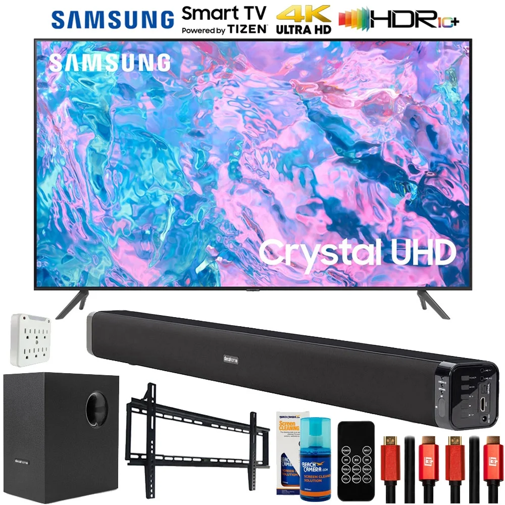 Samsung UN85CU7000 85 inch Crystal UHD 4K Smart TV (2023 Model) Bundle with Deco Gear Home Theater Soundbar with Subwoofer, Wall Mount Accessory Kit, 6FT 4K HDMI 2.0 Cables and More
