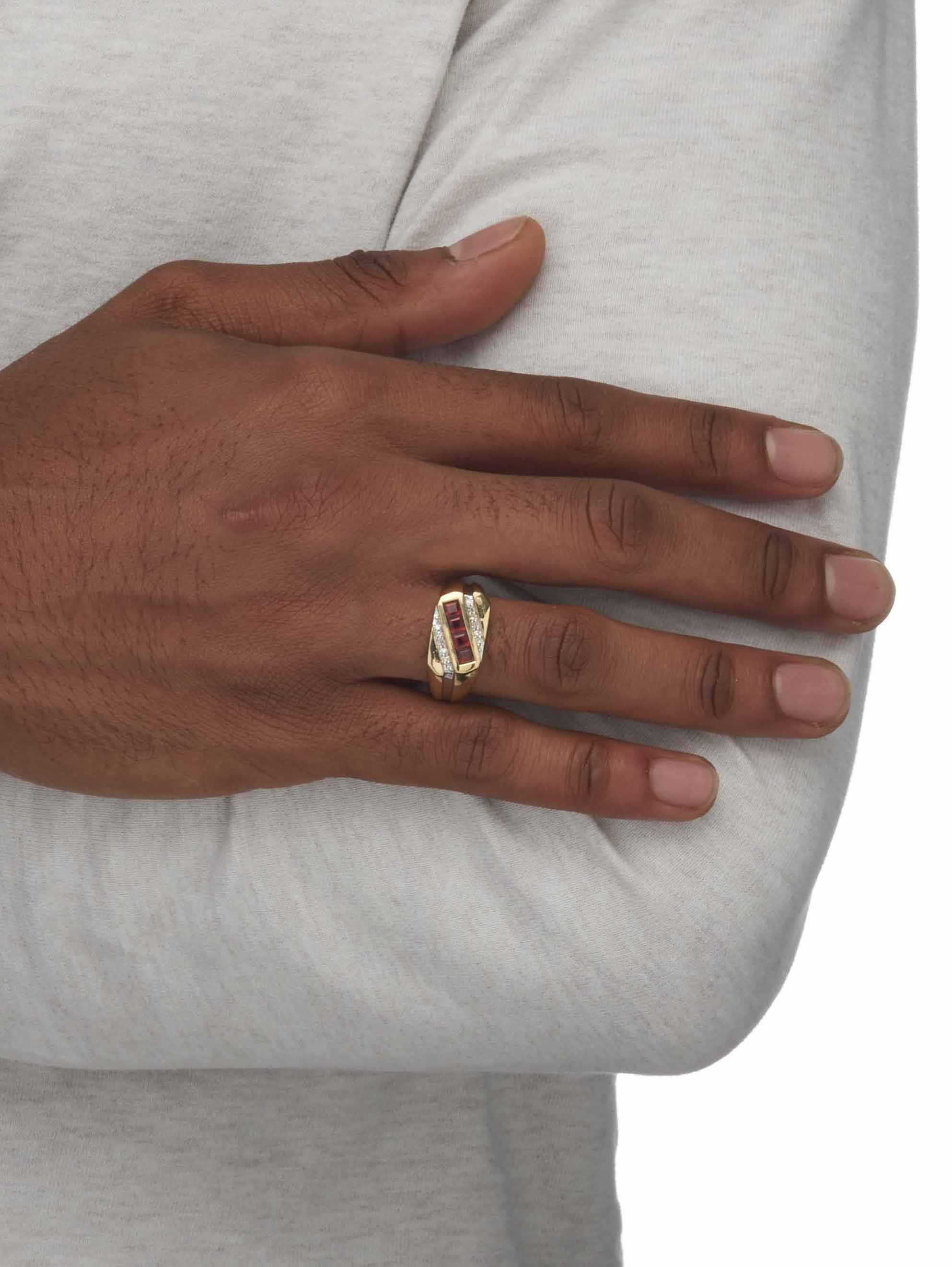 PalmBeach Jewelry Square-Cut Genuine Red Garnet and Diamond Diagonal Men's Ring .96 TCW in 18k Yellow Gold-plated Sterling Silver