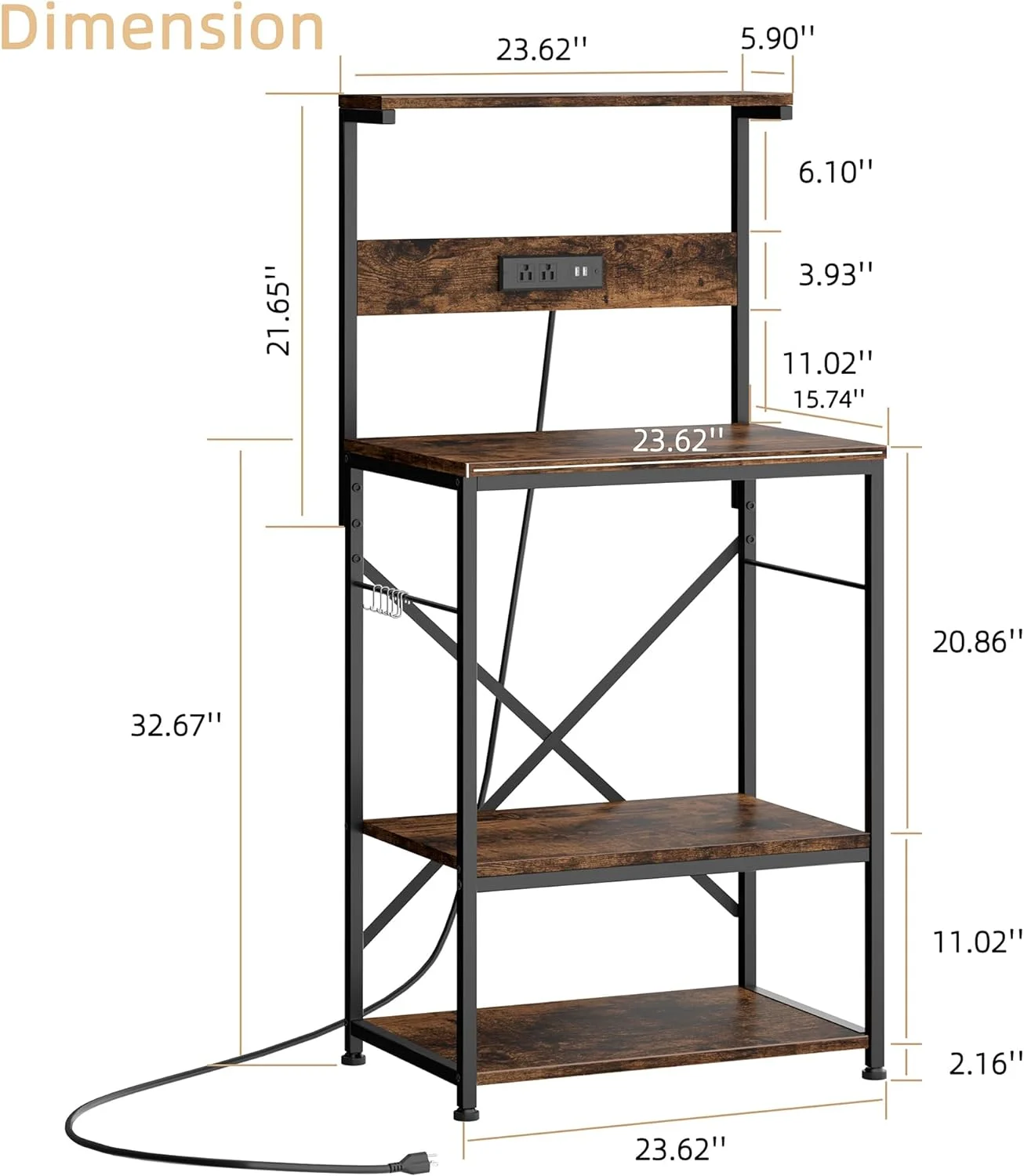 Kitchen Bakers Rack with Power Outlet, Microwave Stand with 6 S-Shaped Hooks, 4-Tier Coffee Bar Microwave Rack (23.62'', Rustic Brown)