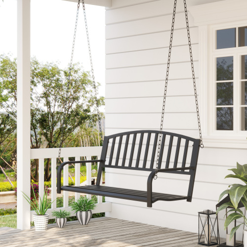 Buumin Outsunny 2 Person Front Porch Swing Patio Swing Bench, Outdoor Steel Swing Chair with Sturdy Chains, for Backyard, Deck, 528 lb Weight Capacity, Black