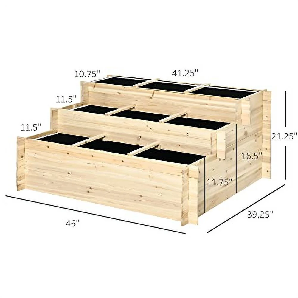 Outsunny 3 Tier Raised Garden Bed with 9 Grow Grids and Bed Liner, Elevated Wooden Planter Kit, Flower Box for Vegetables, Herb Outdoor Indoor Use, 46 x 39 x 21in