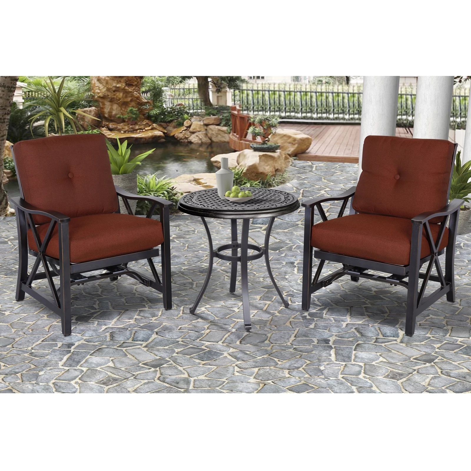 3 Piece Bistro Set Haywood KD Aluminum X Back Stationary Spring Chairs Rustproof 2 PCS Patio Chairs with Cushions & 28