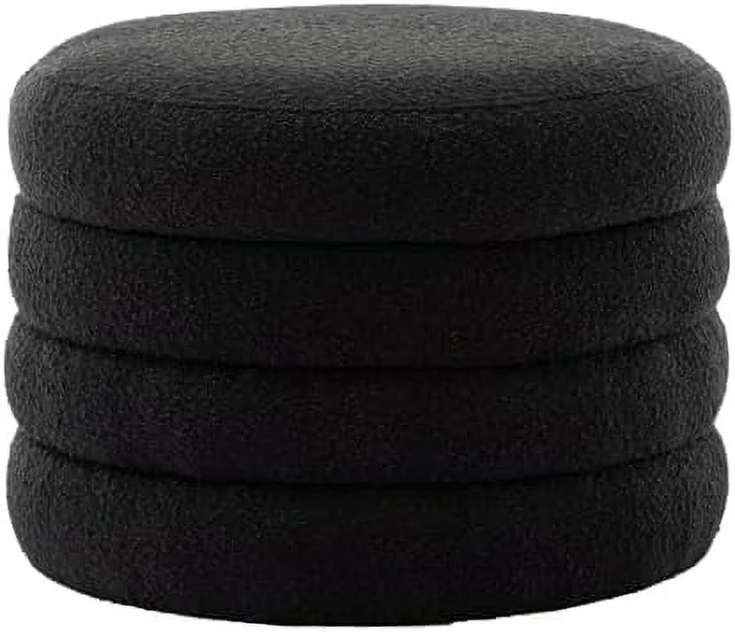 24.5" Wide Boucle Round  Ottoman Footstool  Soft Vanity Makeup Stool with Pie-Layered Design  White Upholstered Footrest for Living Room and Bedroom