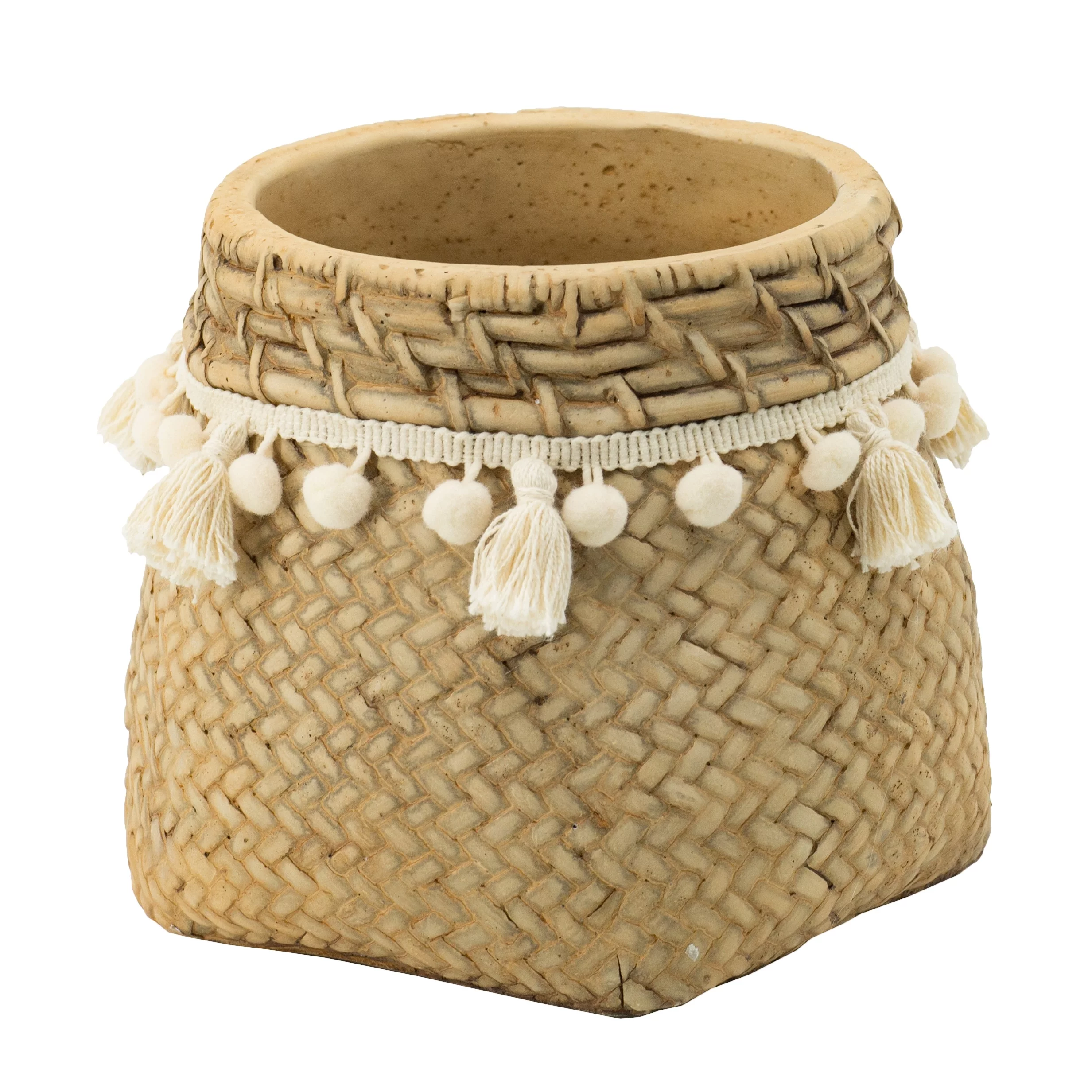 A&B Home Natural and Cream Woven Detail Outdoor Planter with Tassel Trim Small