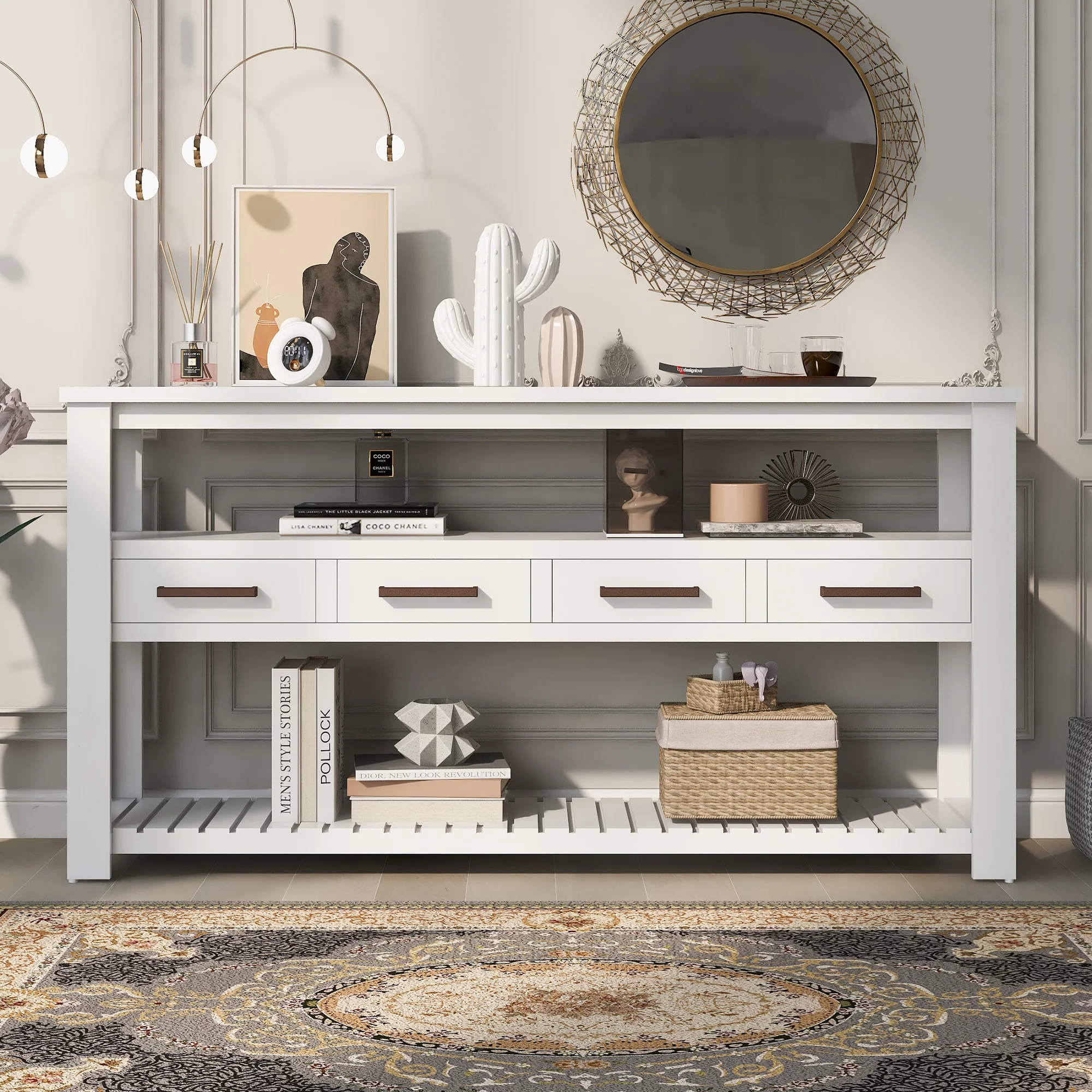 White Storage Console Table, Modern Entryway Table, Wood Buffet Sideboard, Console Table with 4 Drawers and 2 Shelves, KAMIDA Console Table for Entryway Hallway Living Room, 62.2