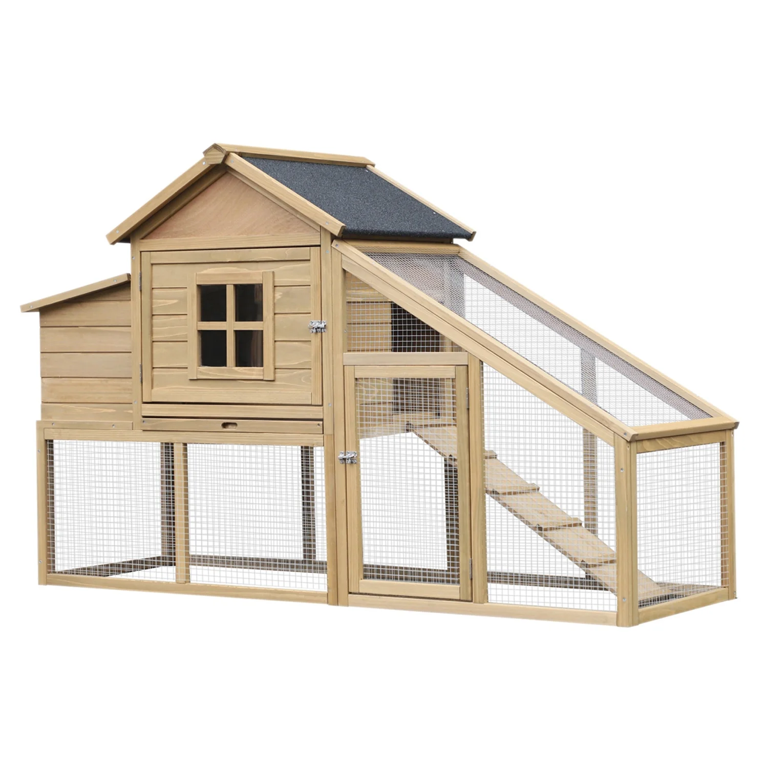 YLtoohoom PawHut 69” Wooden  Coop  Poultry Cage Hen House with Connecting Ramp  Removable Tray  Ventilated Window and Nesting Box  Natural