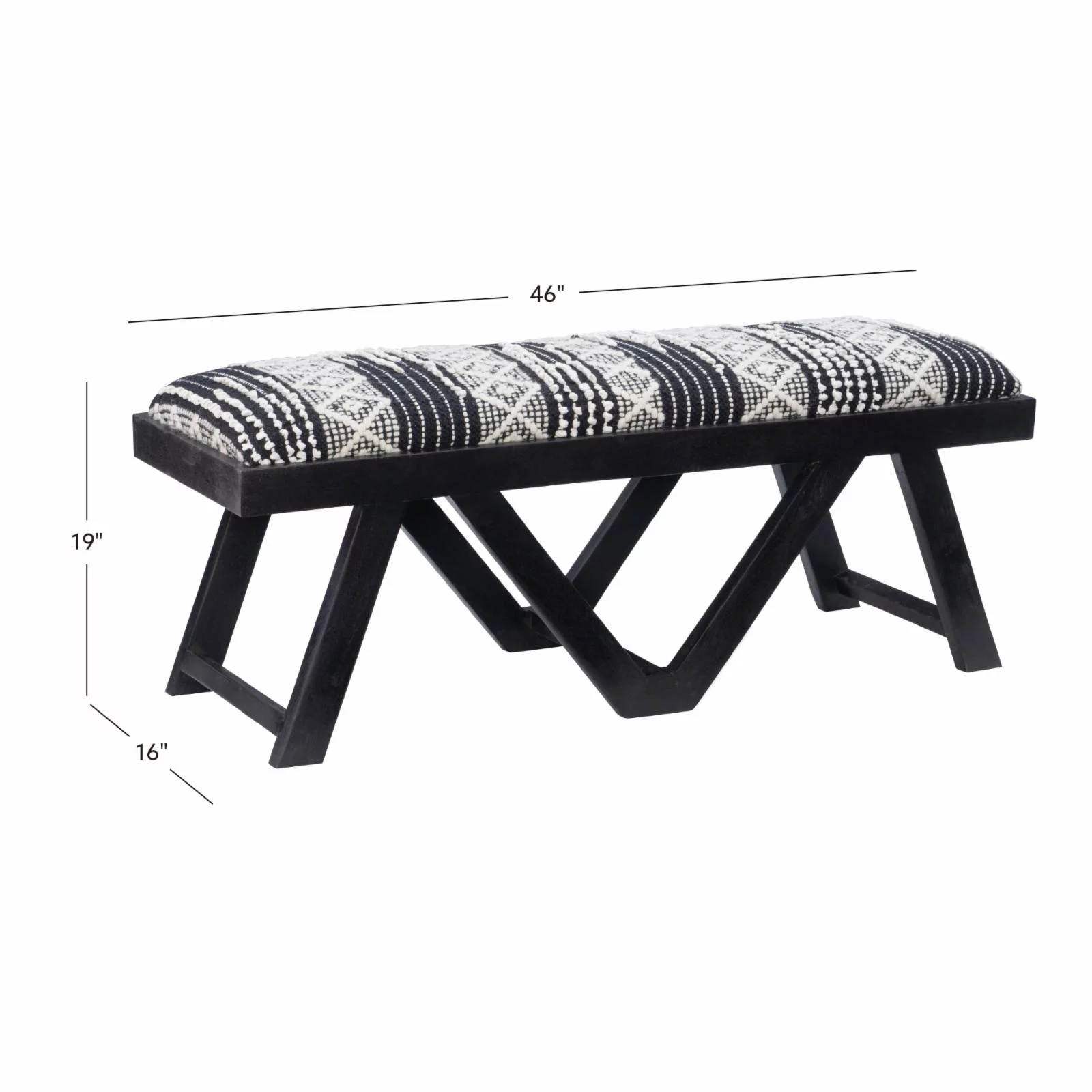 Powell Byan Bench - Black with Black and White Handwoven Geomatric Pattern Fabric