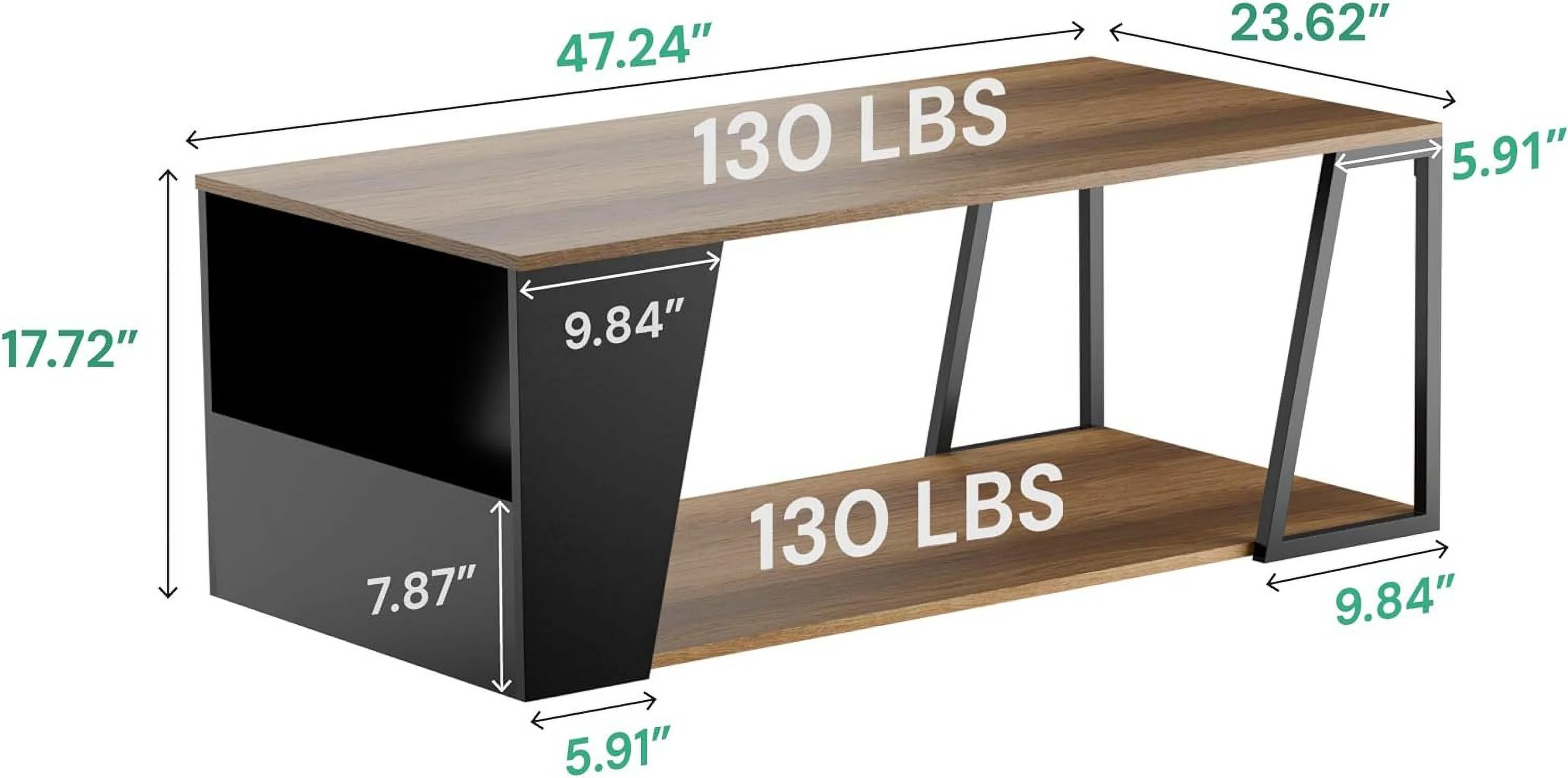 CHTYVC 2-Tier Coffee Table  Rustic Wood Center Table with Oblique Insert   Rectangular Coffee Table with Metal Frame & Open  Design  Living Room/Home/Office  Walnut
