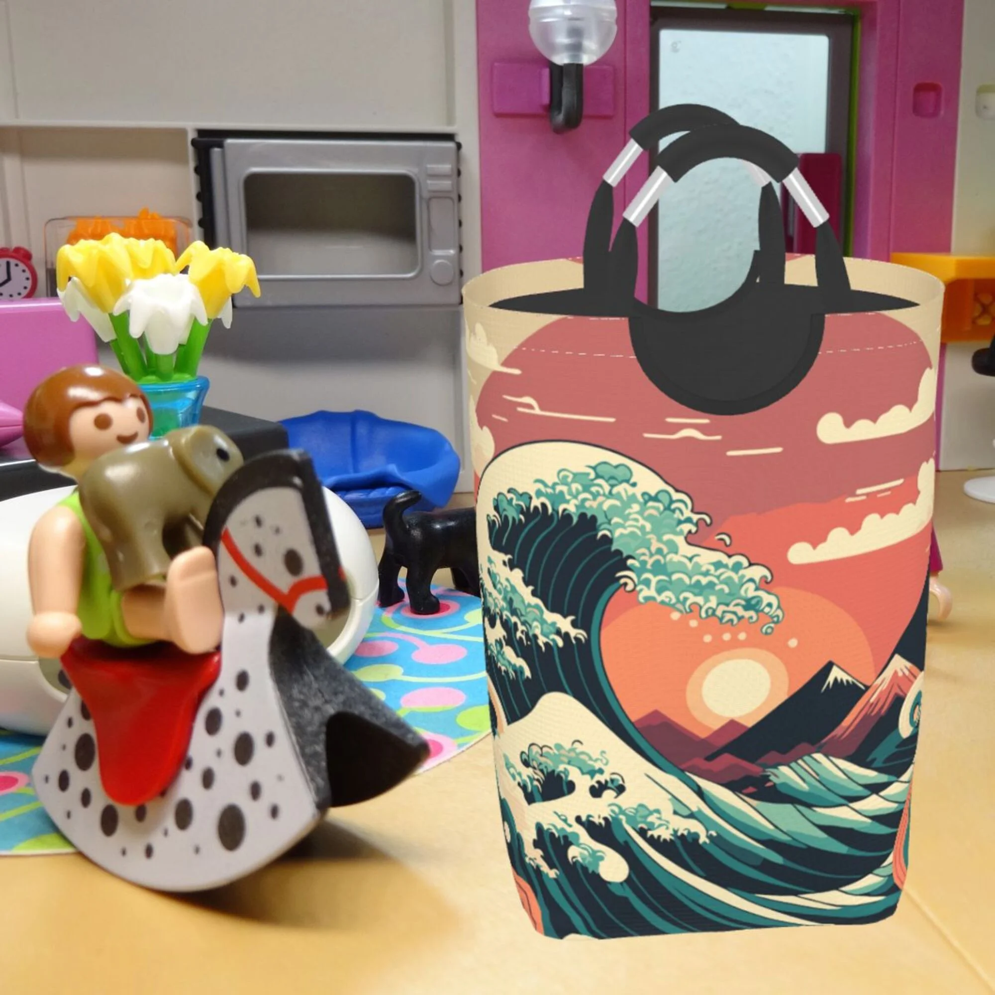 TEQUAN 50L Large Rectangular Laundry Hamper with Aluminum Handles, Japanese Style Big Ocean Waves Prints Waterproof Foldable Dirty Clothes Basket