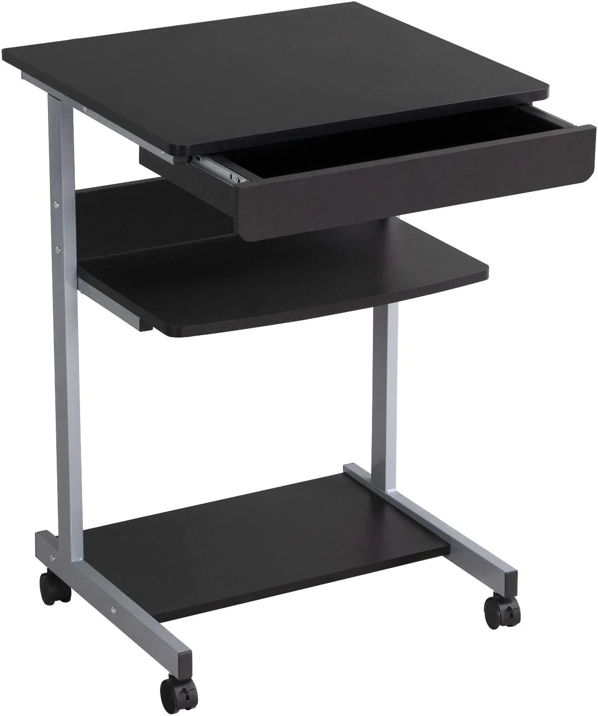 Mobile Computer Desk Cart, Small Rolling Laptop Desk PC Table Workstation with Drawer and Printer Shelf, Writing Desk Table for Small Space/Home Office
