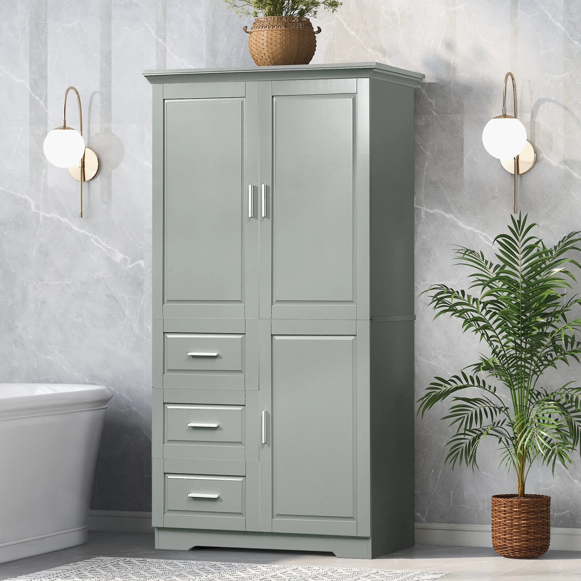 Ufurpie Tall and Wide Storage Cabinet with Doors for Bathroom/Office,Three Drawers,Green
