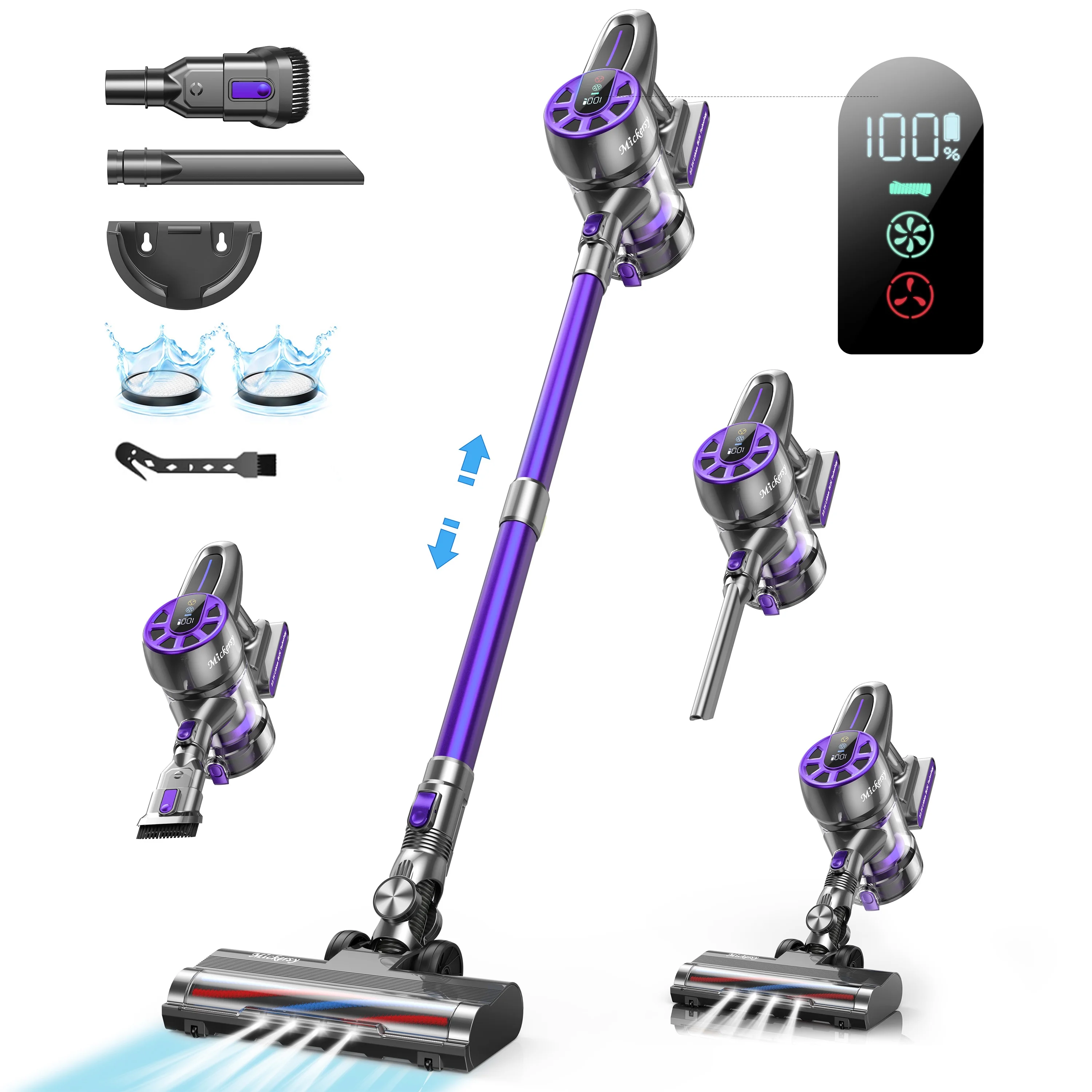 Cordless Vacuum Cleaner, Power Stick Vacuum 450W 36Kpa with Long Runtime Detachable Battery, Vacuum Cleaner with LED Display Lightweight & Quiet, for Pet Hair, Floor, Carpet, 1.5L Dust Cup
