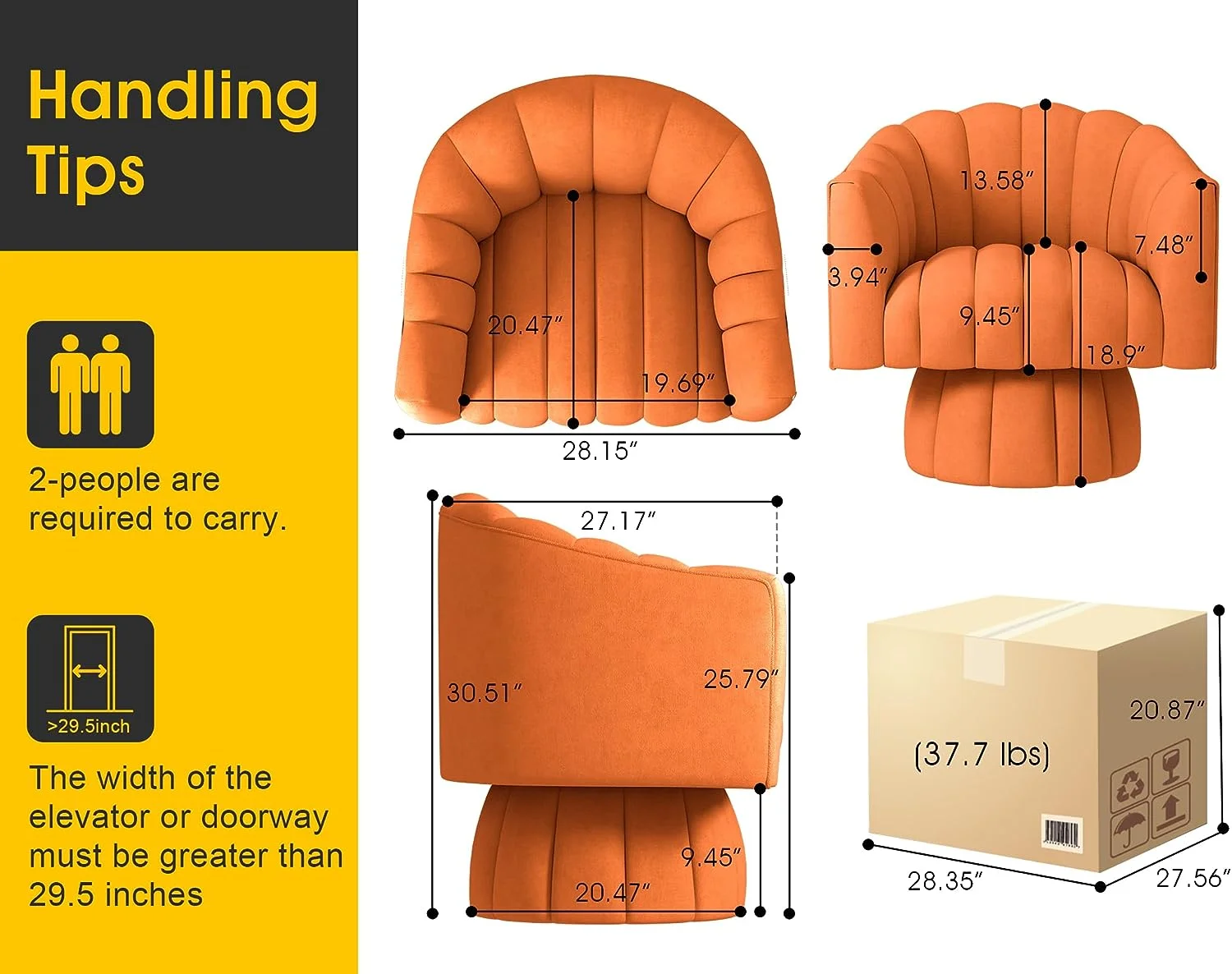 Mid Century 360 Degree Swivel Cuddle Barrel Accent Sofa Chairs, Round Armchairs with Wide Upholstered, Fluffy Velvet Fabric Chair for Living Room, Bedroom, Office, Waiting Rooms, (Orange)