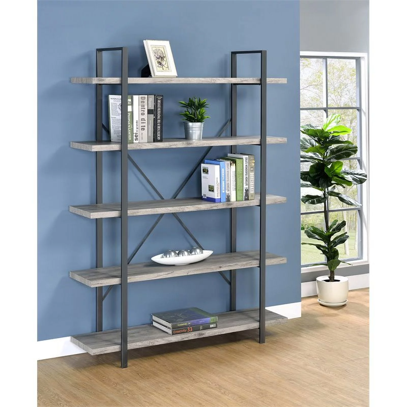 Pemberly Row 5 Shelf Bookcase in Gray Driftwood and Gunmetal