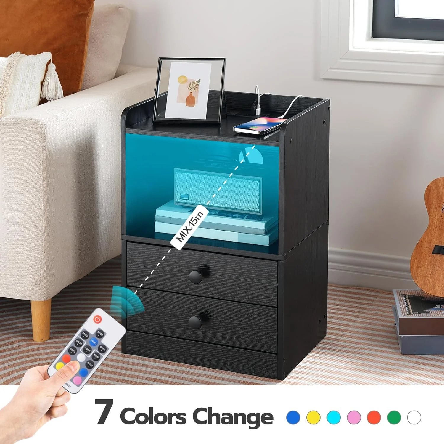 HOOBRO Set of 2 Nightstand with Charging Station and LED Light Strip Side Table with 2 Drawers Bedroom Cloakroom Black BK28UDBZP201
