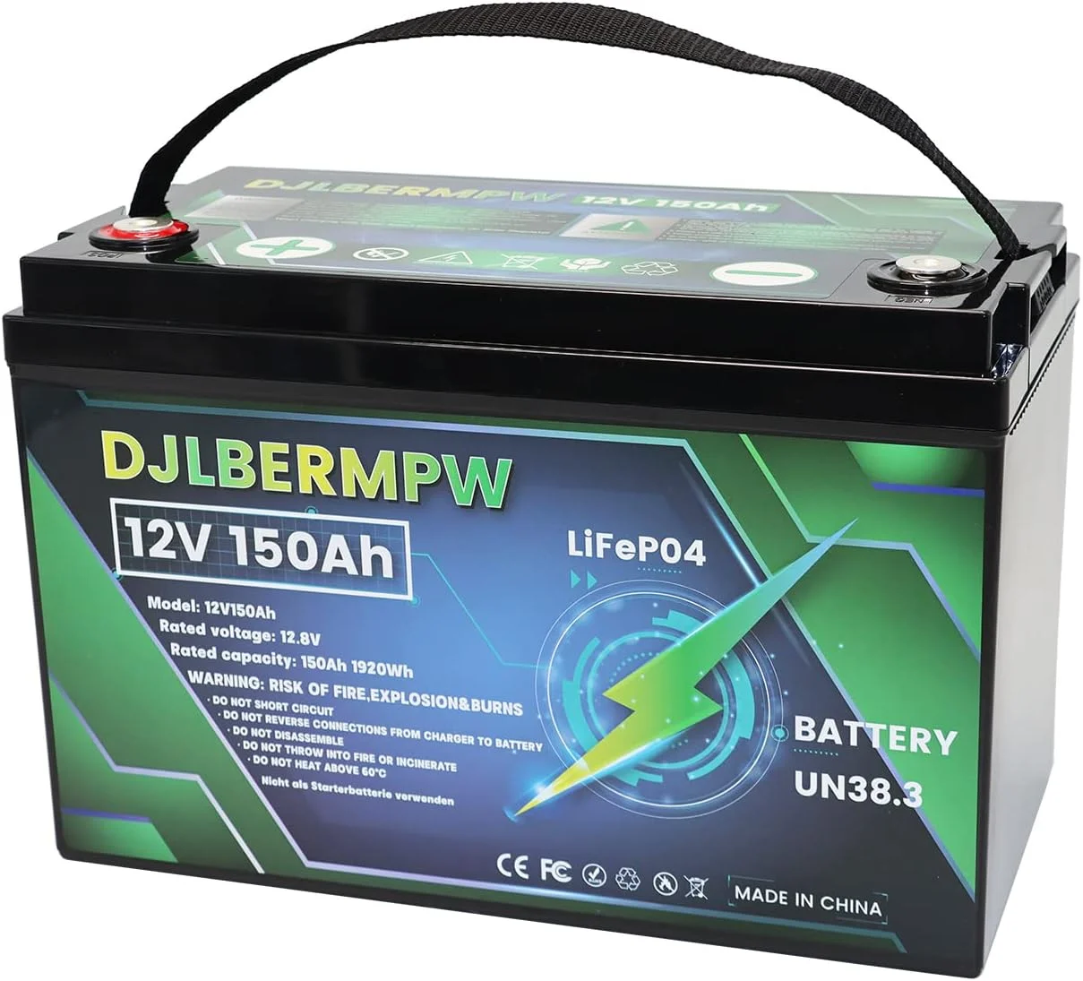 ‎DJLBERMPW 12V LiFePO4 Lithium Battery 150Ah,4000-15000 Deep Cycle Marine Battery,12V 150Ah Lithium Batteries for Trolling Motor,Boat,Golf Cart,RV,Solar,Built in 120A BMS 1920W,10 Years of Life