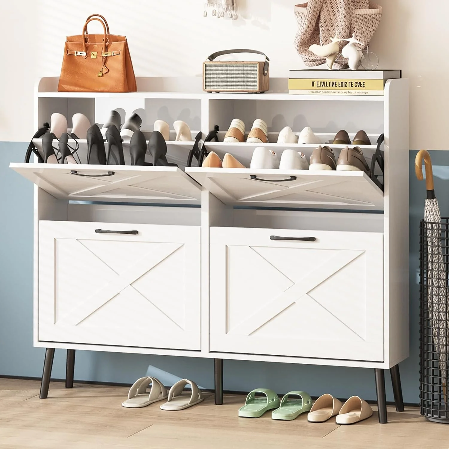 Large Shoe Cabinet with 4 Flip Drawers, Freestanding Shoe Cabinet Organizer with Metal Drawer Bracket, Shoes Storage Cabinet for Entryway, Narrow Shoe Rack Cabinet, 5 Sturdy Legs, White
