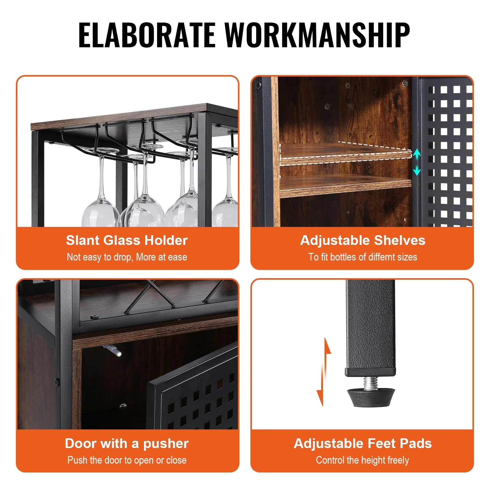 SKYSHALO Industrial Bar Cabinet Wine Bar Home Table with Wine Rack & Glass Holder