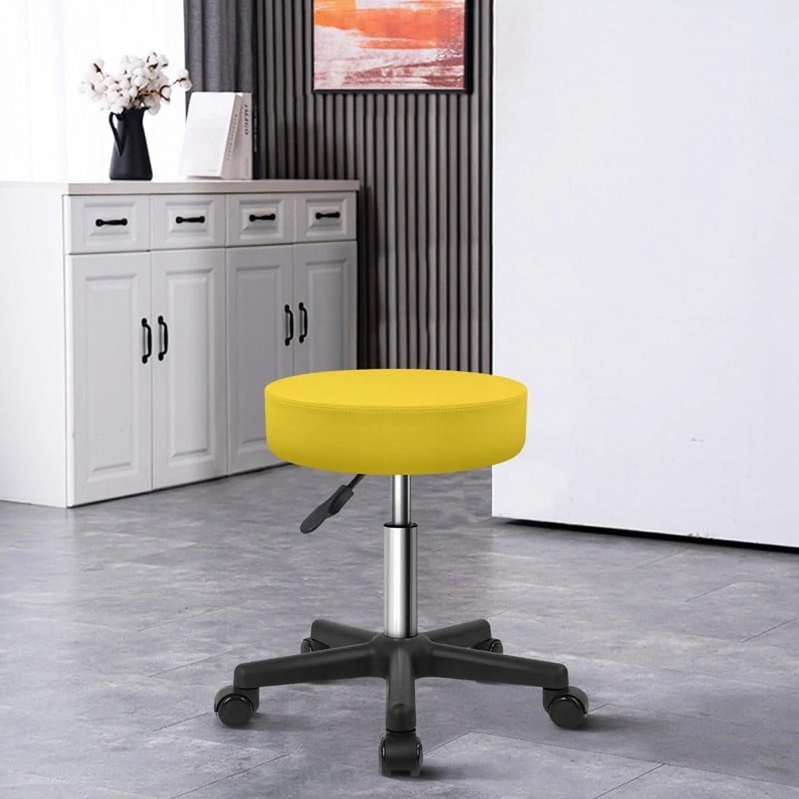 KKTONER Adjustable Rollling Stool with Wheels Round Swivel Stools Chair with Black Base for Drafting Work SPA Salon Massage in Yellow