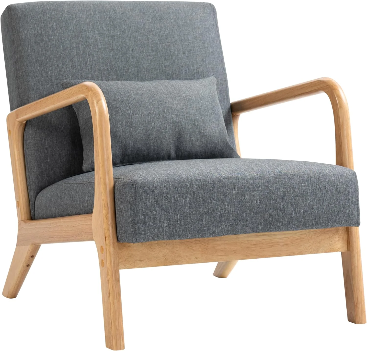 MQLIFEBOOM Modern Accent Chair Mid Century Living Room Arm Chairs  Comfy Upholstered Armchair Solid Wood Single Sofa Lounge Reading Seat Bedroom Side Seating with Lumbar Pillow  Grey