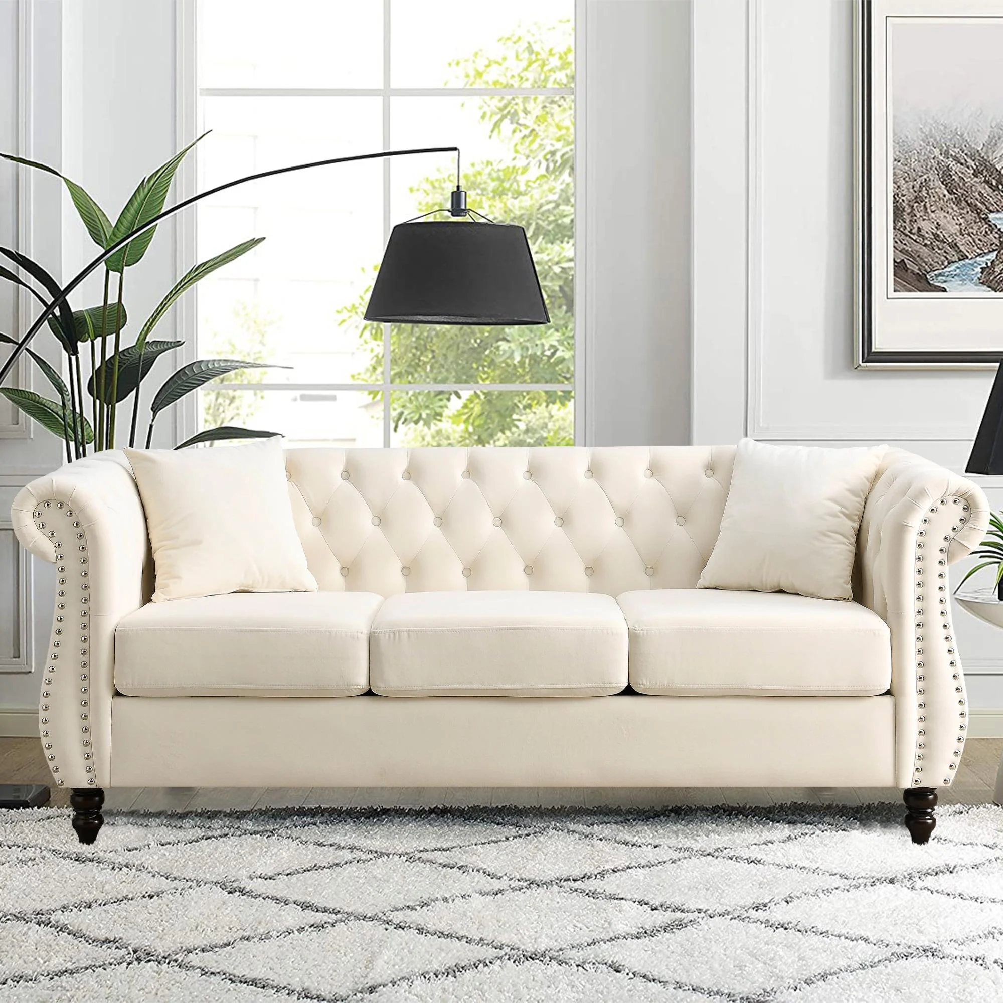 FURNINEST Living Room Sofa Furniture, Mid-Century 3-Seat Couches and Sofas, Velvet Upholstered Sofa Sofa with 2 Pillows and Wood Legs, Velvet Sofa for Living Room Bedroom, 80