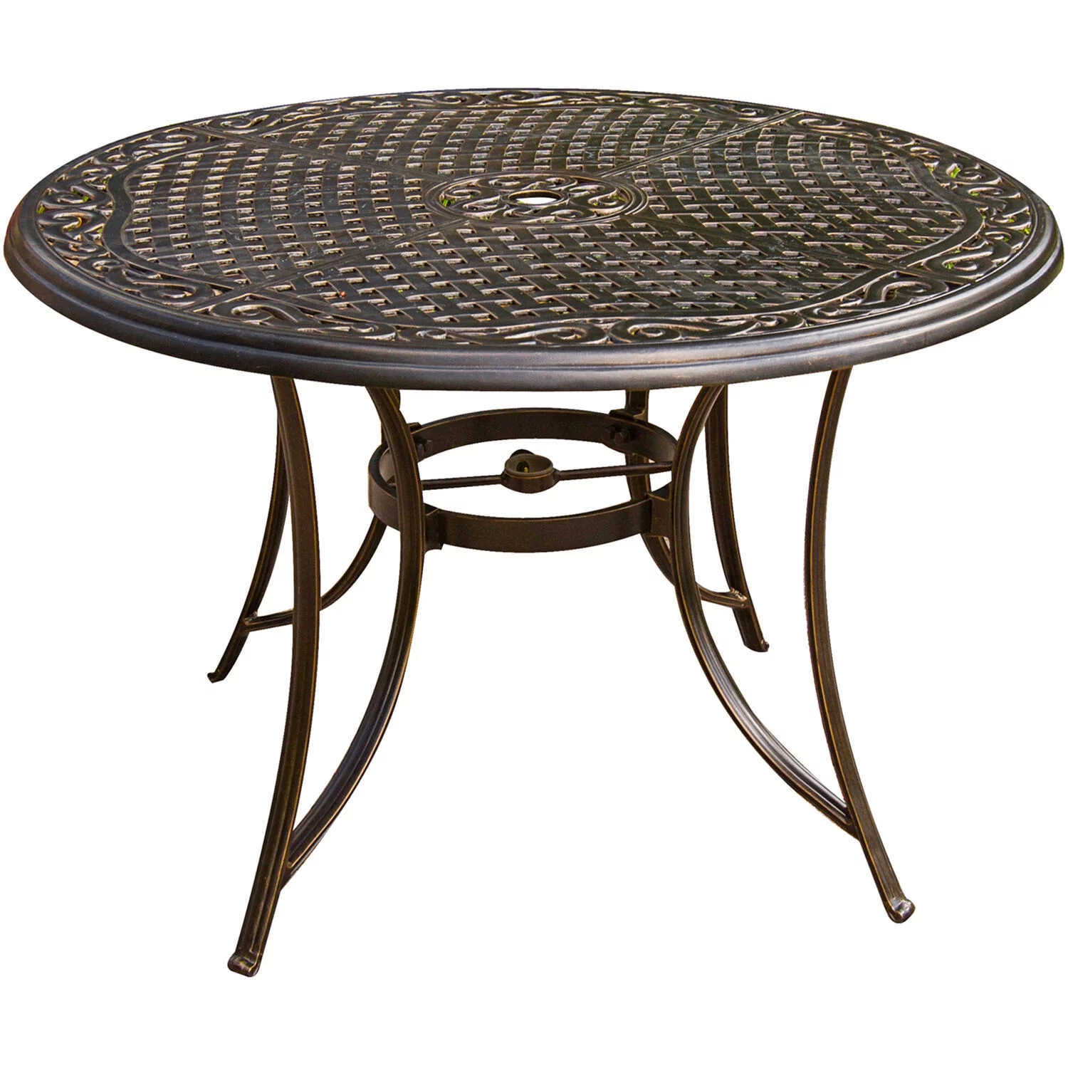 Hanover Fontana 5-Piece High-Dining Set in Tan with 4 Counter-Height Swivel Chairs, 56-in. Cast-top Table, Umbrella and Umbrella Base