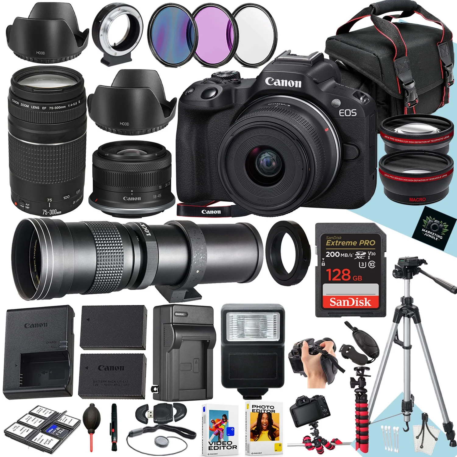 Canon EOS R50 Mirrorless Camera With RF-S 18-45mm f/4.5-6.3 IS STM, EF 75-300mm f/4-5.6 III And 420-800mm f/8.3 HD Lens + 128 GB Memory + Filters + More (34pc Bundle)