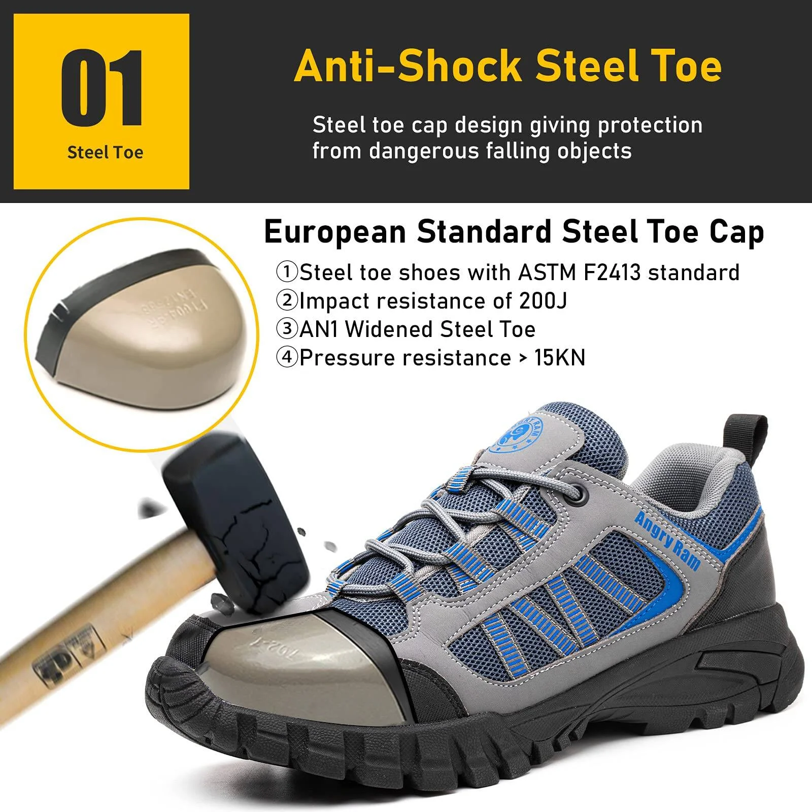 ANGRYRAM Steel Toe Indestructible Shoes Men Women Breathable Puncture Resistant Safety Work Shoes Sneakers for Construction Working
