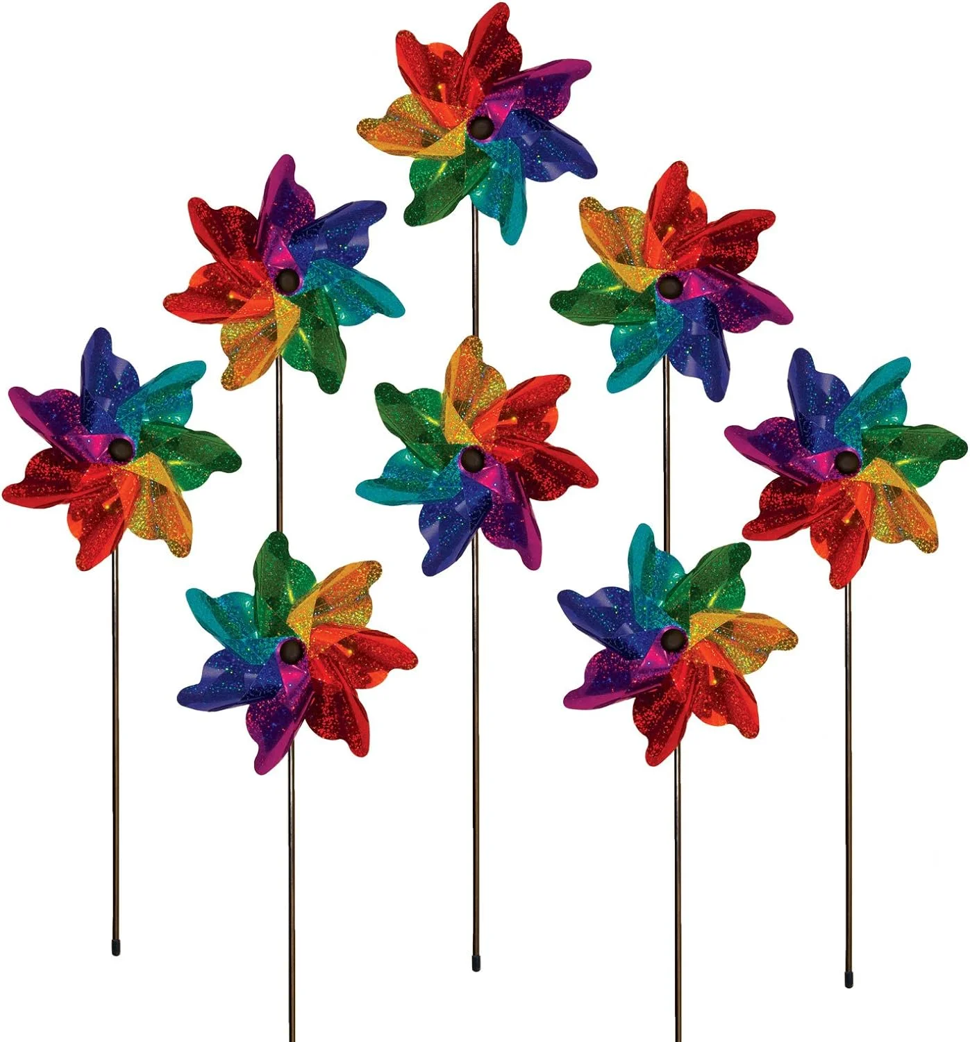 Pinwheel Spinner On Fiberglass Pole, Rainbow Mylar Pinwheel Spinners, 8-Inches, 8 Piece, 2779