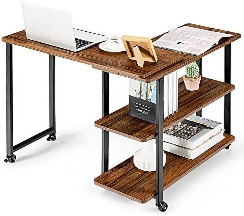 CHYTGBV ° Rotating Sofa   Patented L-Shaped Corner Desk with 2-Tier    Mobile End Table Movable Laptop Table with Casters  for Home Office (Rustic Brown)