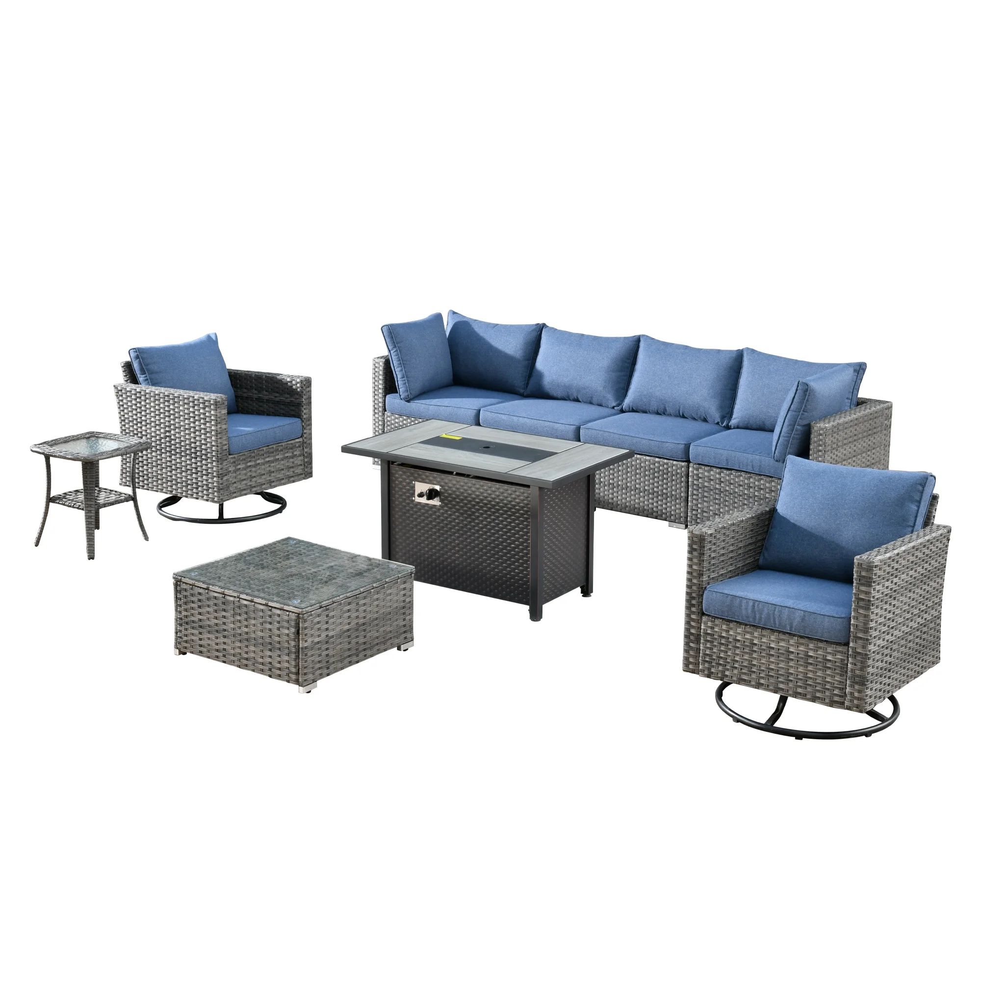 Ovios 9 Pieces Patio Fire Pit Set Outdoor Wicker Sectional Sofa Conversation Set with Swivel Rocking Chairs,Denim Blue