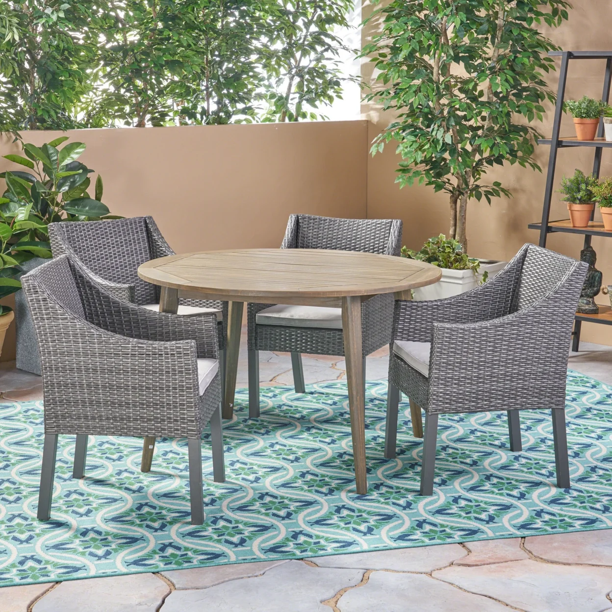 GDF Studio Gaven Outdoor Acacia Wood and Wicker 5 Piece Dining Set with Cushion, Teak, Multibrown, and Beige