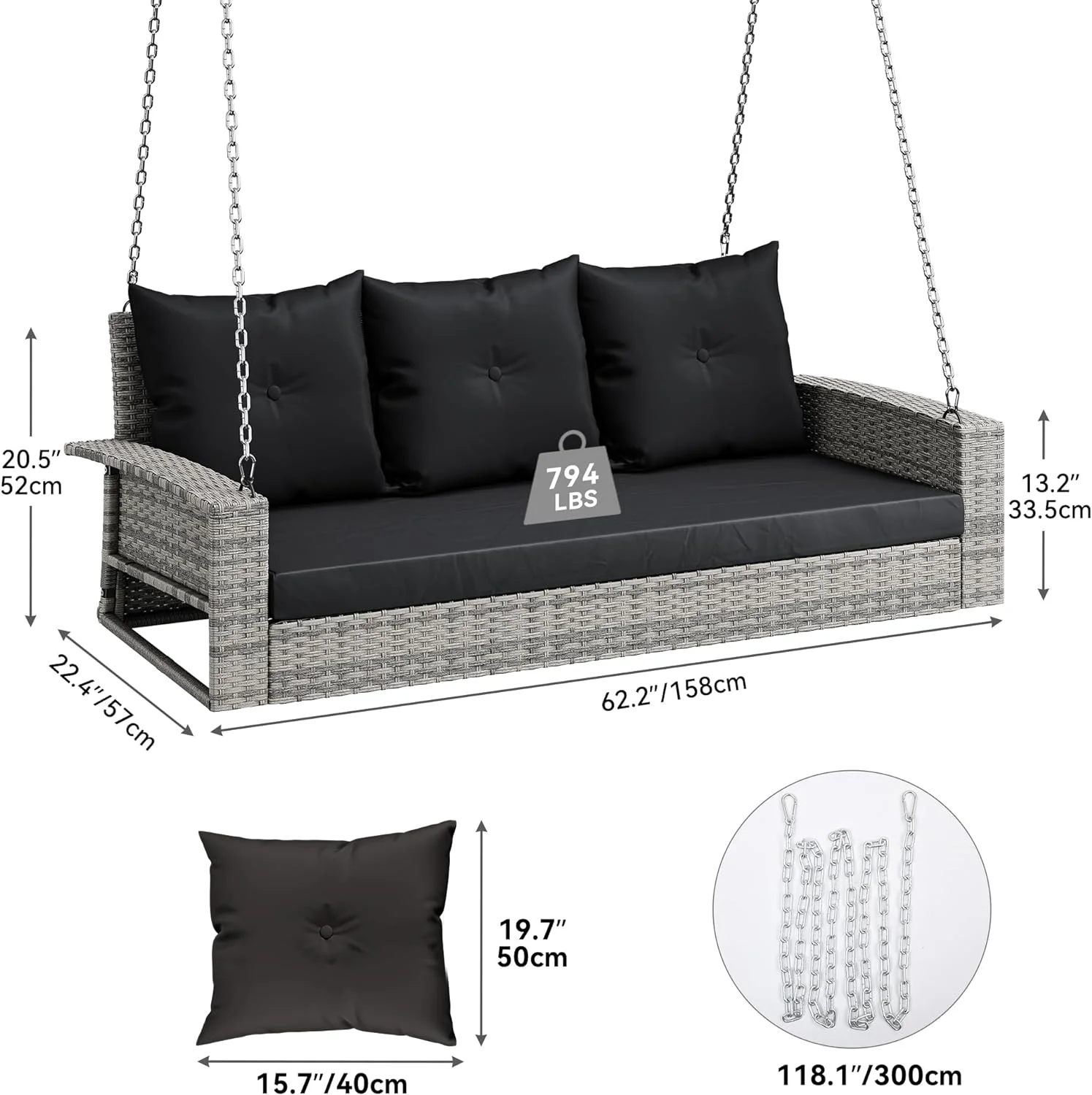 Wicker Hanging Porch Swing Chair Outdoor Gray Rattan Patio Swing Lounge 3 Back Cushions Capacity For Garden, Balcony, Gray Rattan Black Cushion