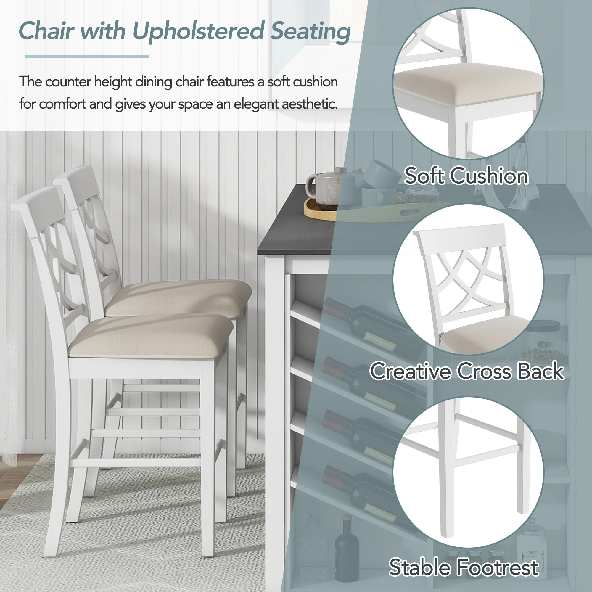 DeeHome TOPMAX Counter Height 5-piece Solid Wood Dining Table Set, 59*35.4Inch Table with Wine Rack and 4 Upholstered Chairs, White