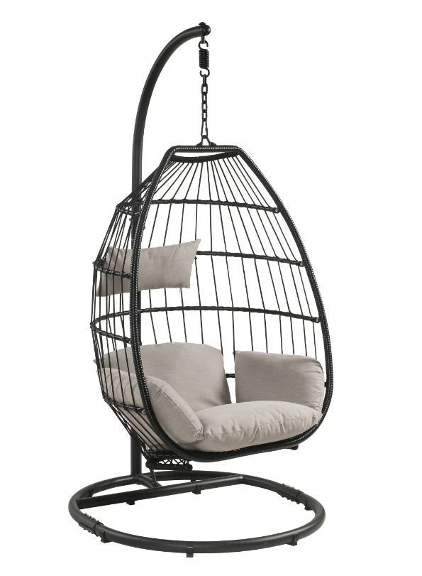 JHOOTUUO Oldi Patio Hanging Chair with Stand  Beige Fabric & Black Wicker 45115