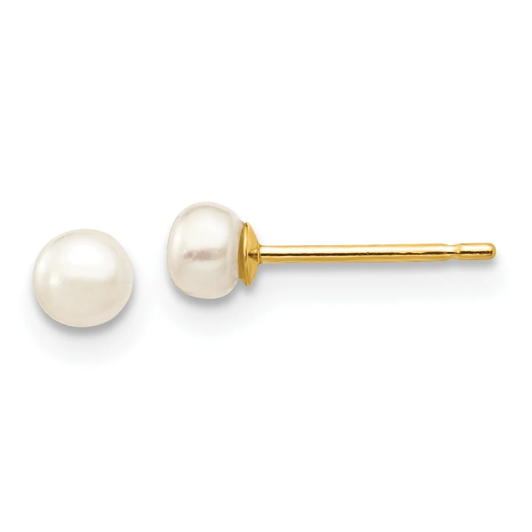 Primal Gold 14 Karat Yellow Gold 3-4mm White Button Freshwater Cultured Pearl Stud Post Earrings
