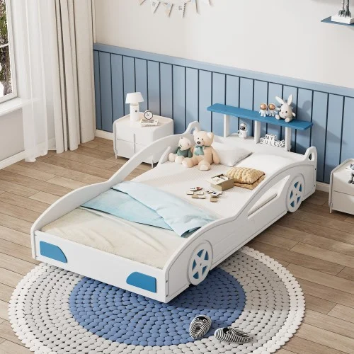 Twin Race Car Bed,Wood Low Platform Bed Frame with Support Slats,Twin Beds in Race Car-Shaped for Boys Teens(White&Blue)