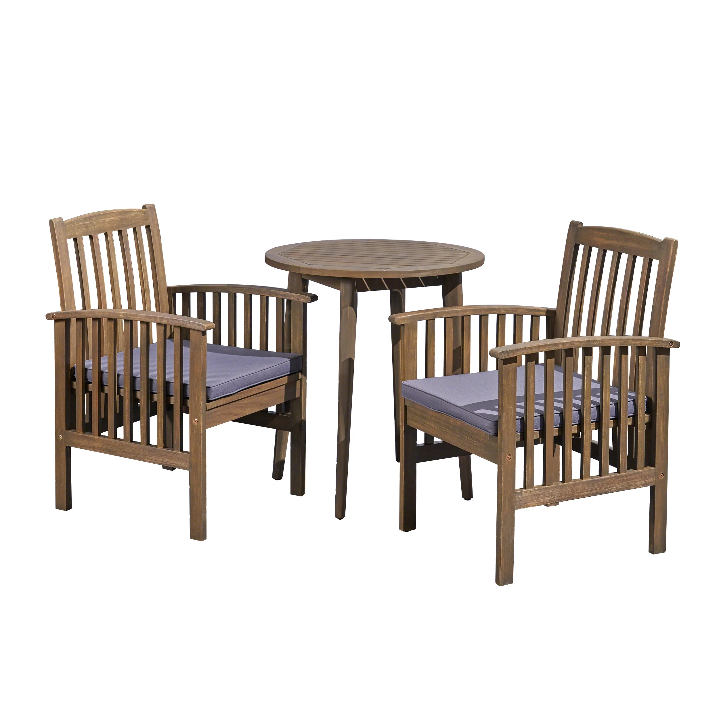 GDF Studio Erikson Outdoor Acacia Wood 3 Piece Bistro Set with Cushion, Gray and Dark Gray