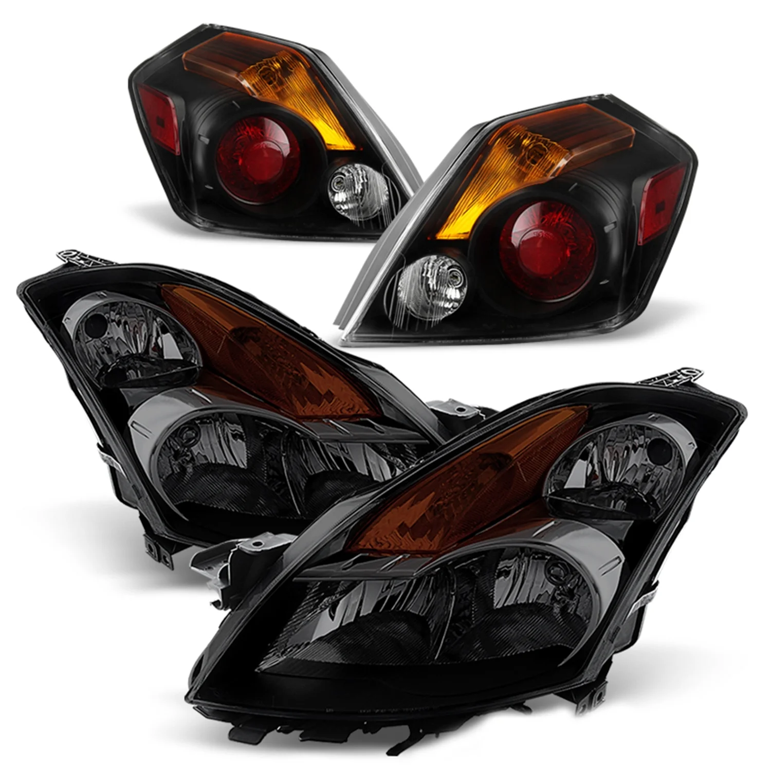AKKON - Fits 2007-2009 Altima 4Door Sedan Model Halogen Black Smoked Headlights + Black Tail Brake Lamp Combo Pair Left+Right