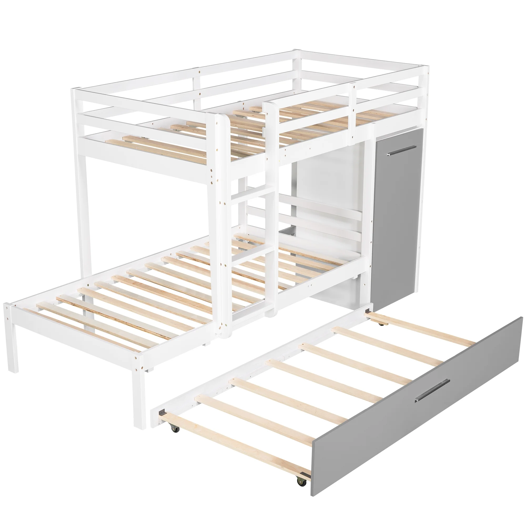 Twin over Twin Bunk Bed with Cabinet and Trundle, White