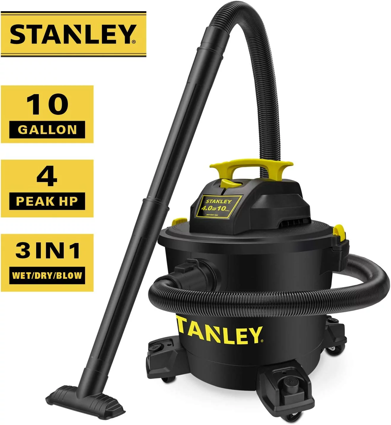 Stanley Wet/Dry Vacuum SL18191P, 10 Gallon 4 Horsepower 16 FT Clean Range Shop Vacuum, Ideal for Home/Garage/Laundry Rooms with Vacuum Attachments, Strong Suction Large Capacity Multiple Accessories