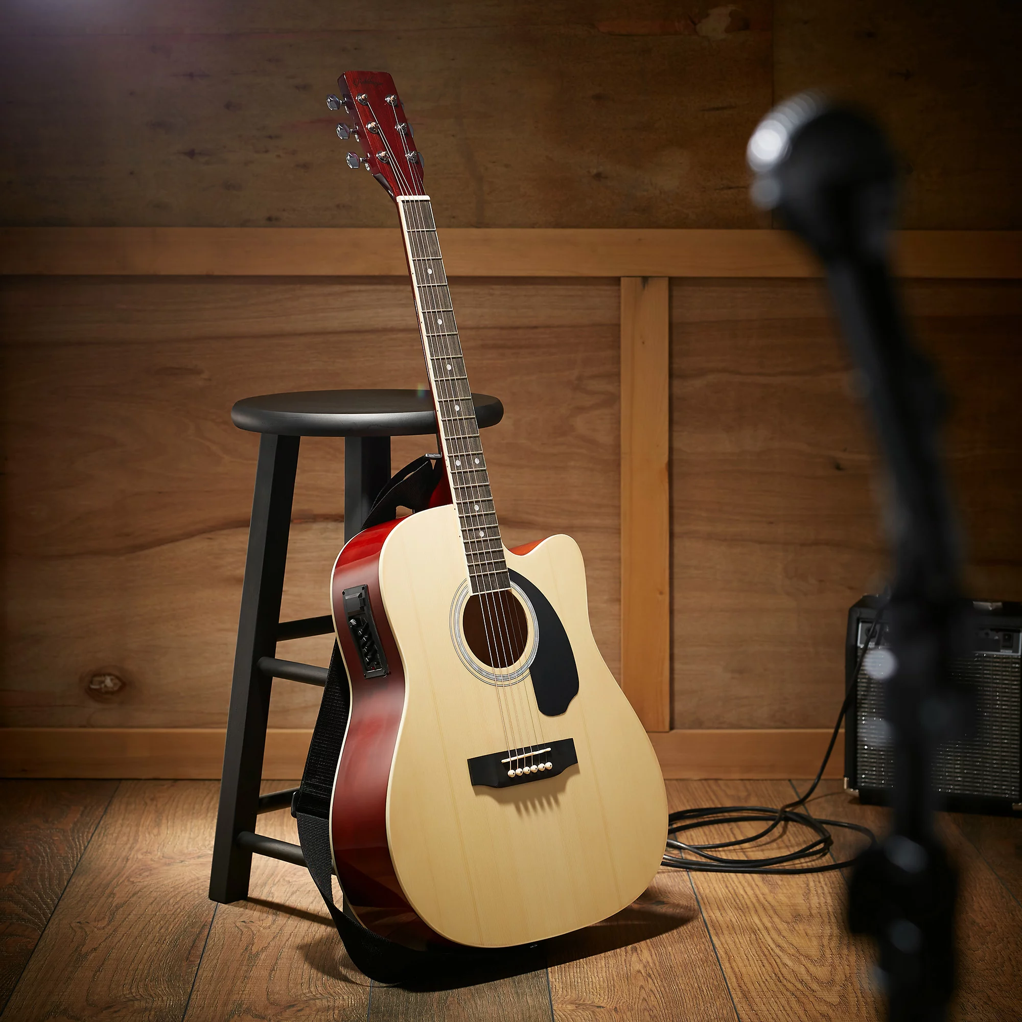 Ashthorpe Full-Size Dreadnought Cutaway Acoustic-Electric Guitar Bundle, Premium Tonewoods, Natural