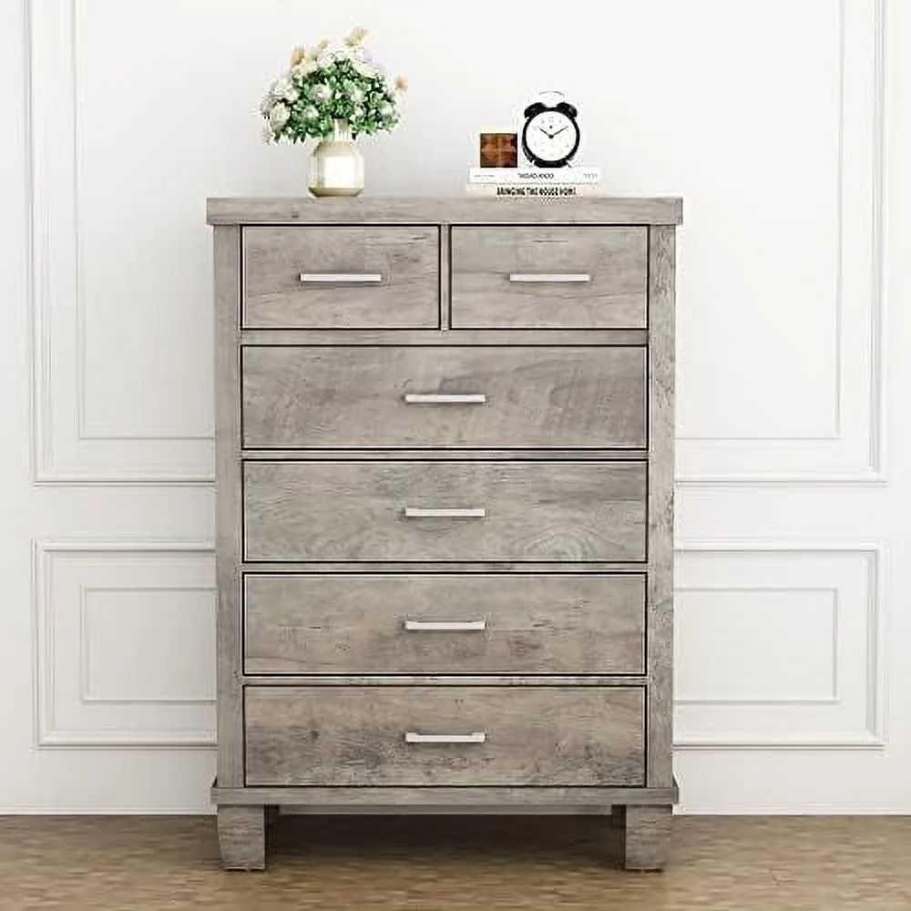 xrboomlife 6 Drawers Dresser for Bedroom  Wooden Chest of Drawers Closet  Modern Grey Dresser with Wide Drawers  Tall Bedroom Dressers &  Clothes Organizer for Living Room  Hallway  E
