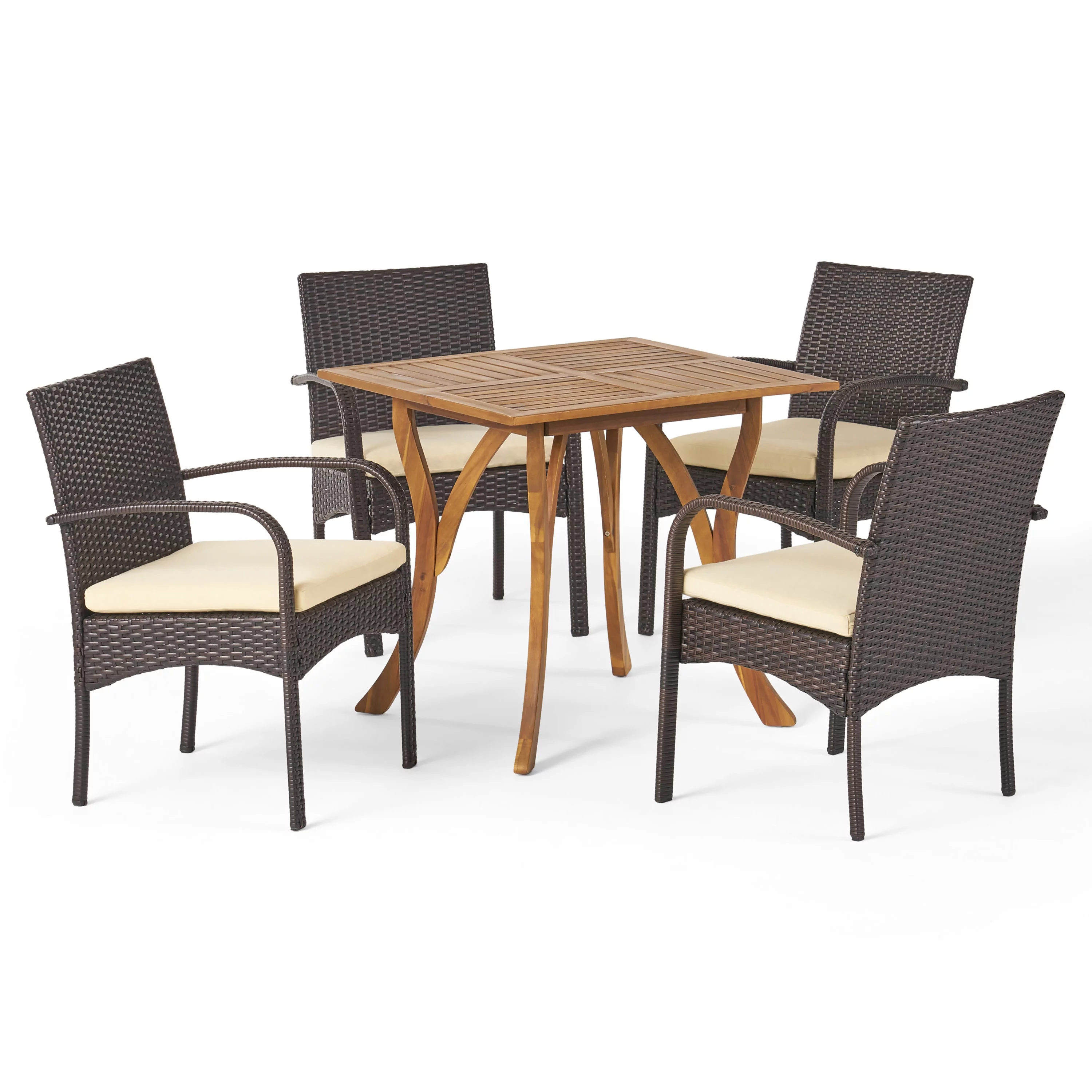 GDF Studio Laurent Outdoor Acacia Wood and Wicker 5 Piece Dining Set with Cushions, Multibrown, Teak, and Beige