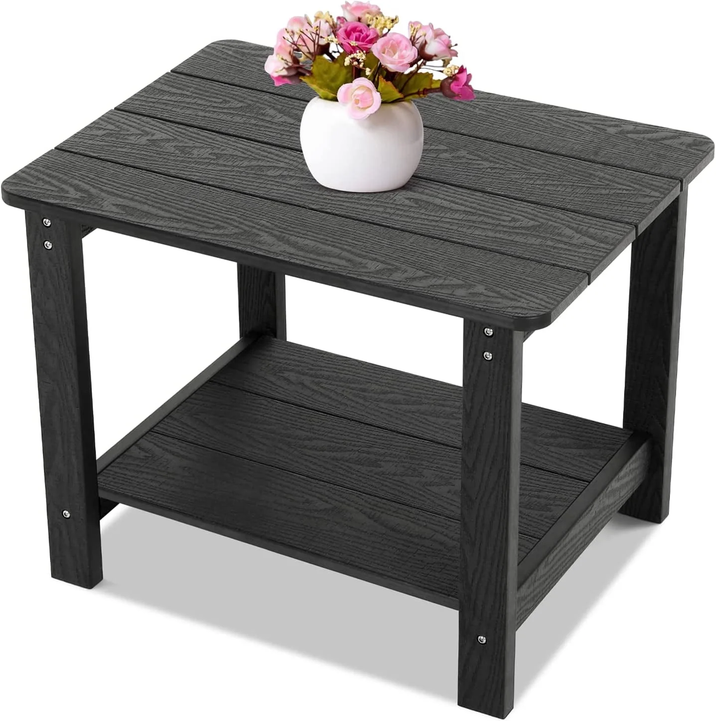Outdoor Side Table, All Weather Resistant Rectangle 2-Tier Patio End Table for Backyard Garden, Black