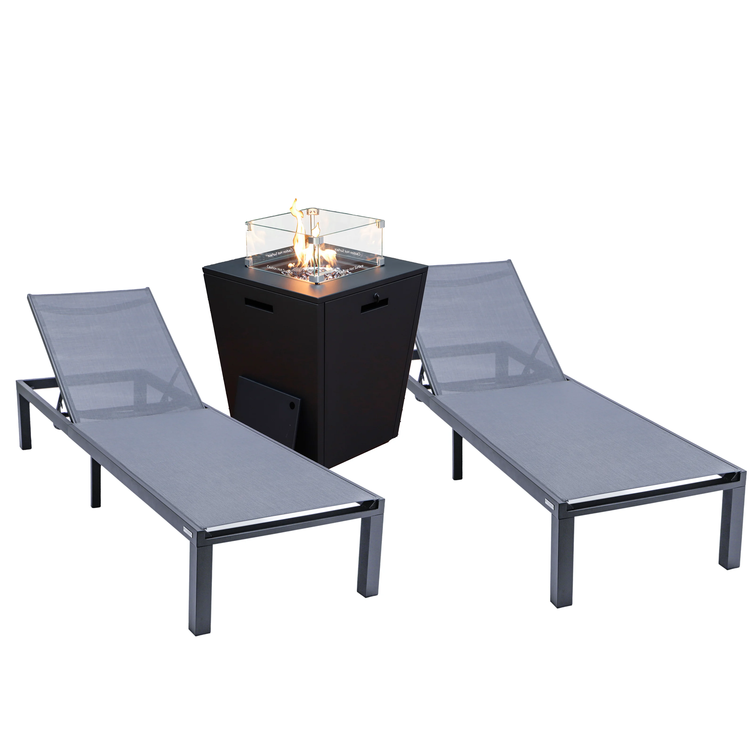 LeisureMod Marlin Modern Aluminum Outdoor Patio Chaise Lounge Chair Set of 2 with Square Fire Pit Side Table Perfect for Patio, Lawn, and Garden (Dark Grey)