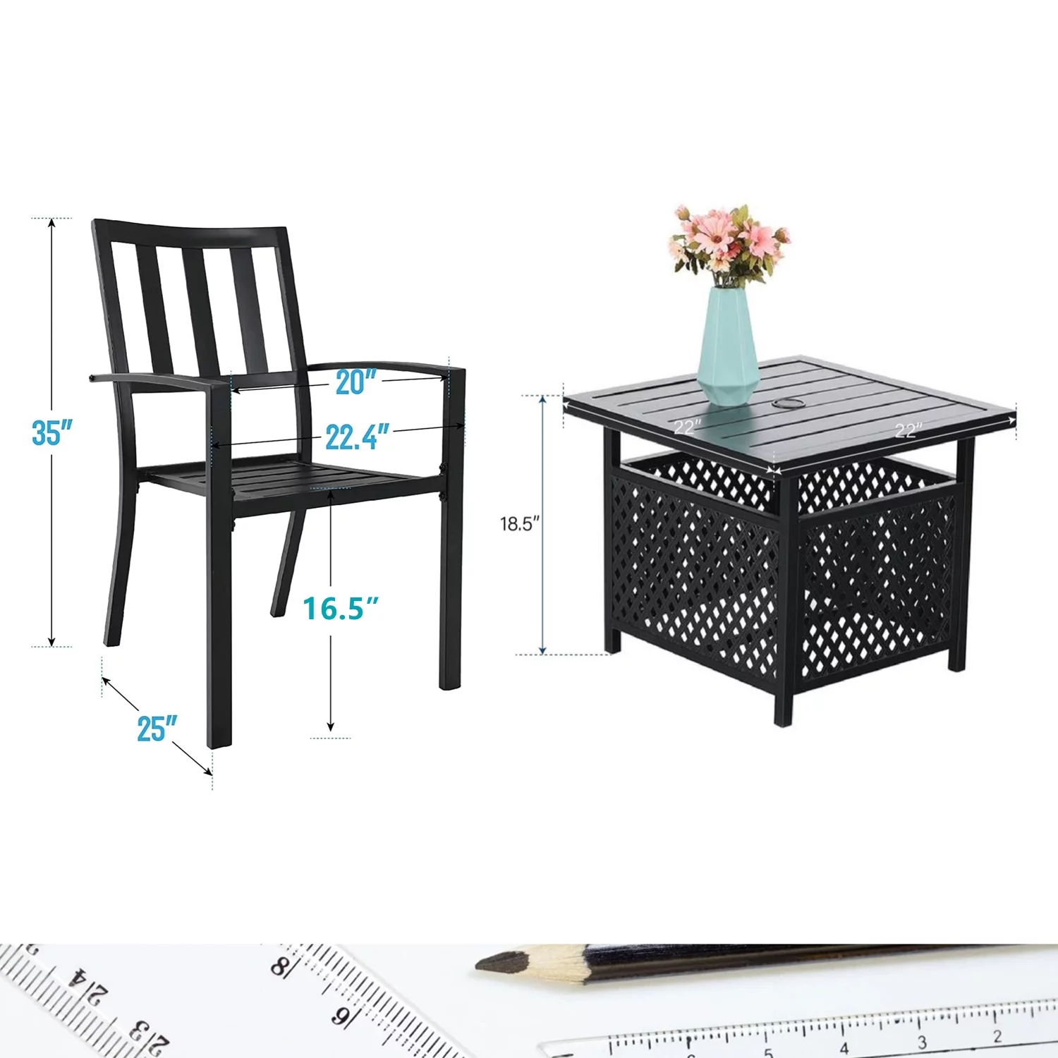Sophia & William 3 Peices Patio Bistro Set Metal Dining Chairs with Side Table - Black